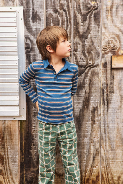 Long Sleeve Polo - Marine Blue Sgraffito