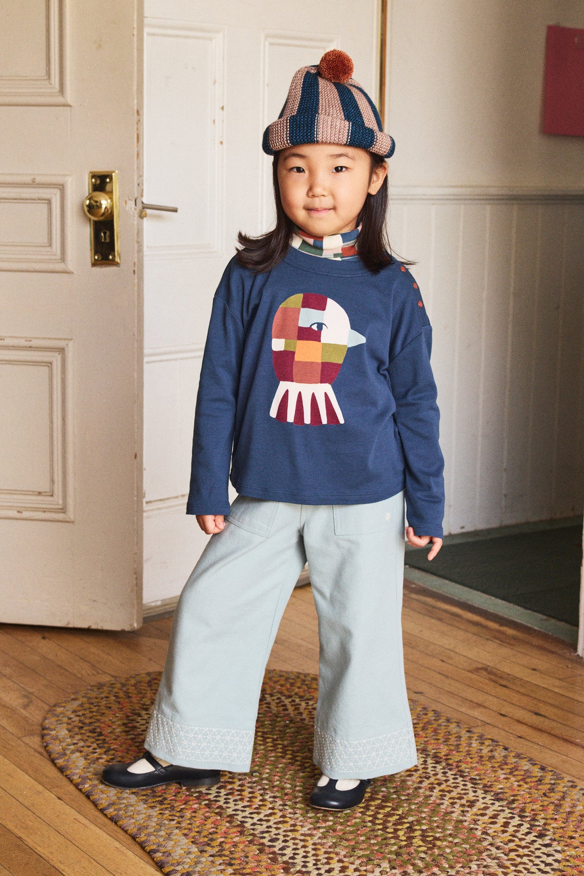 Oiseau Long Sleeve Boxy Top - Marine Blue