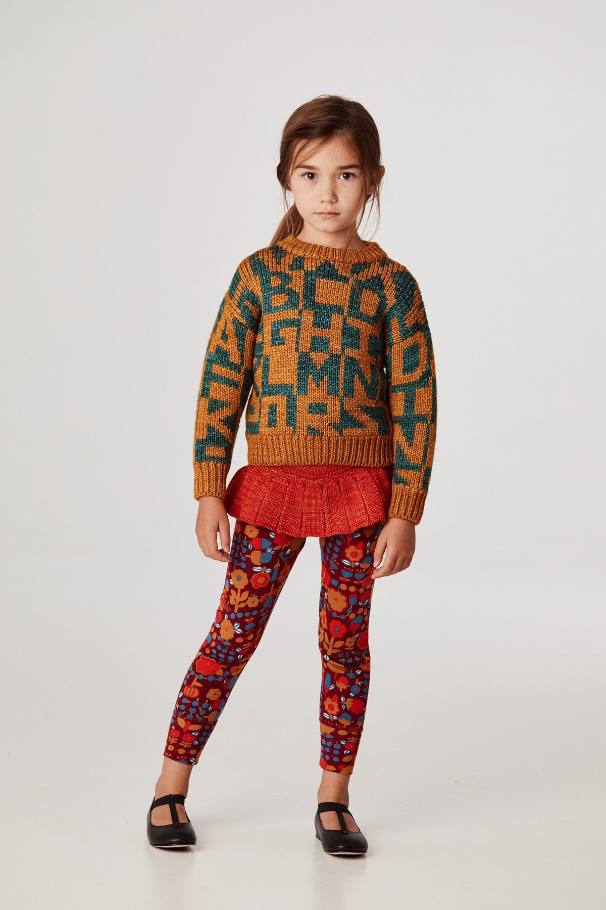 Alphabet Intarsia Sweater - Marigold+Model is 48 inches tall, 44lbs, wearing a size 4-5y
