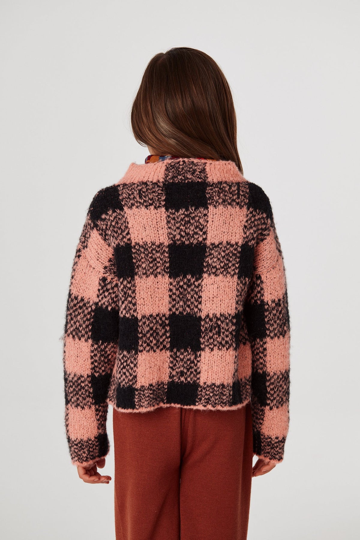 Boucle Plaid Pullover - Grapefruit+Model is 48 inches tall, 51lbs, wearing a size 7-8y
