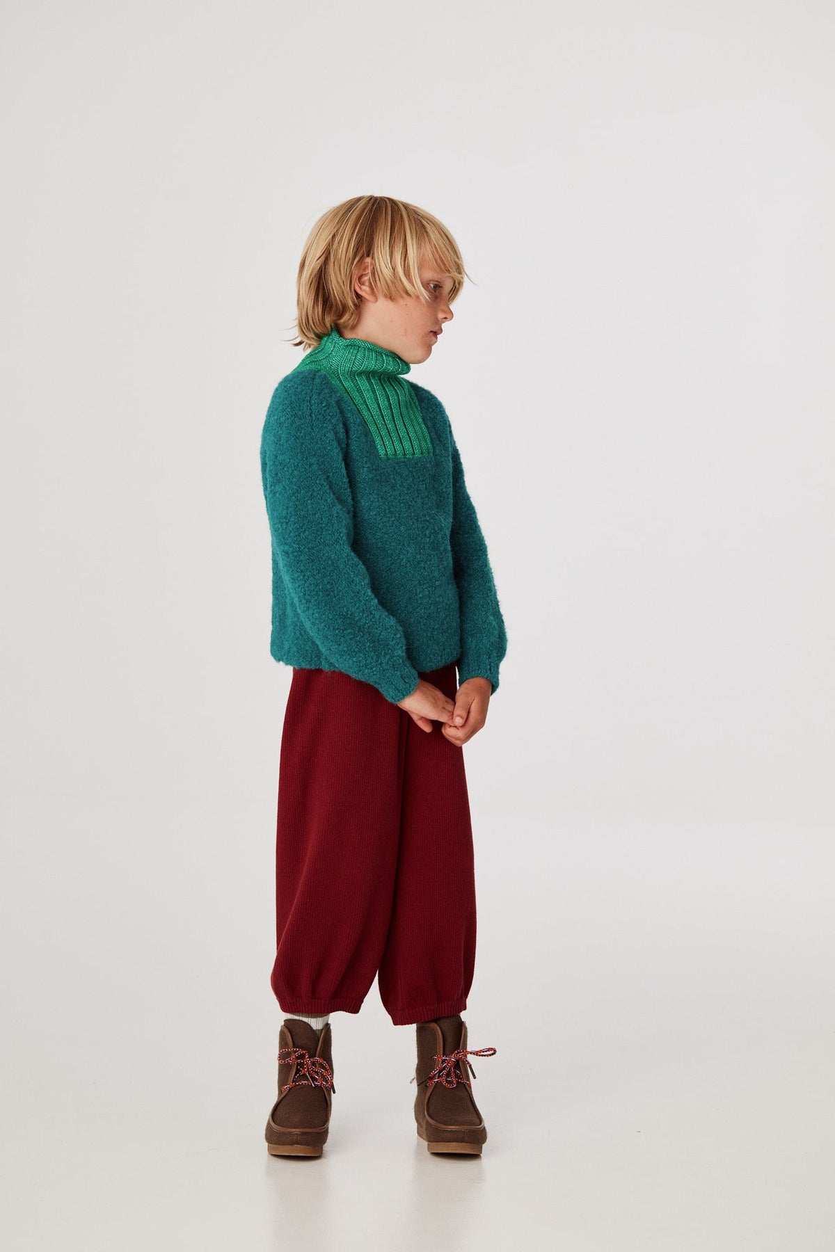 Boucle Ski Sweater - Peacock+Model is 48 inches tall, 48lbs, wearing a size 6-7y