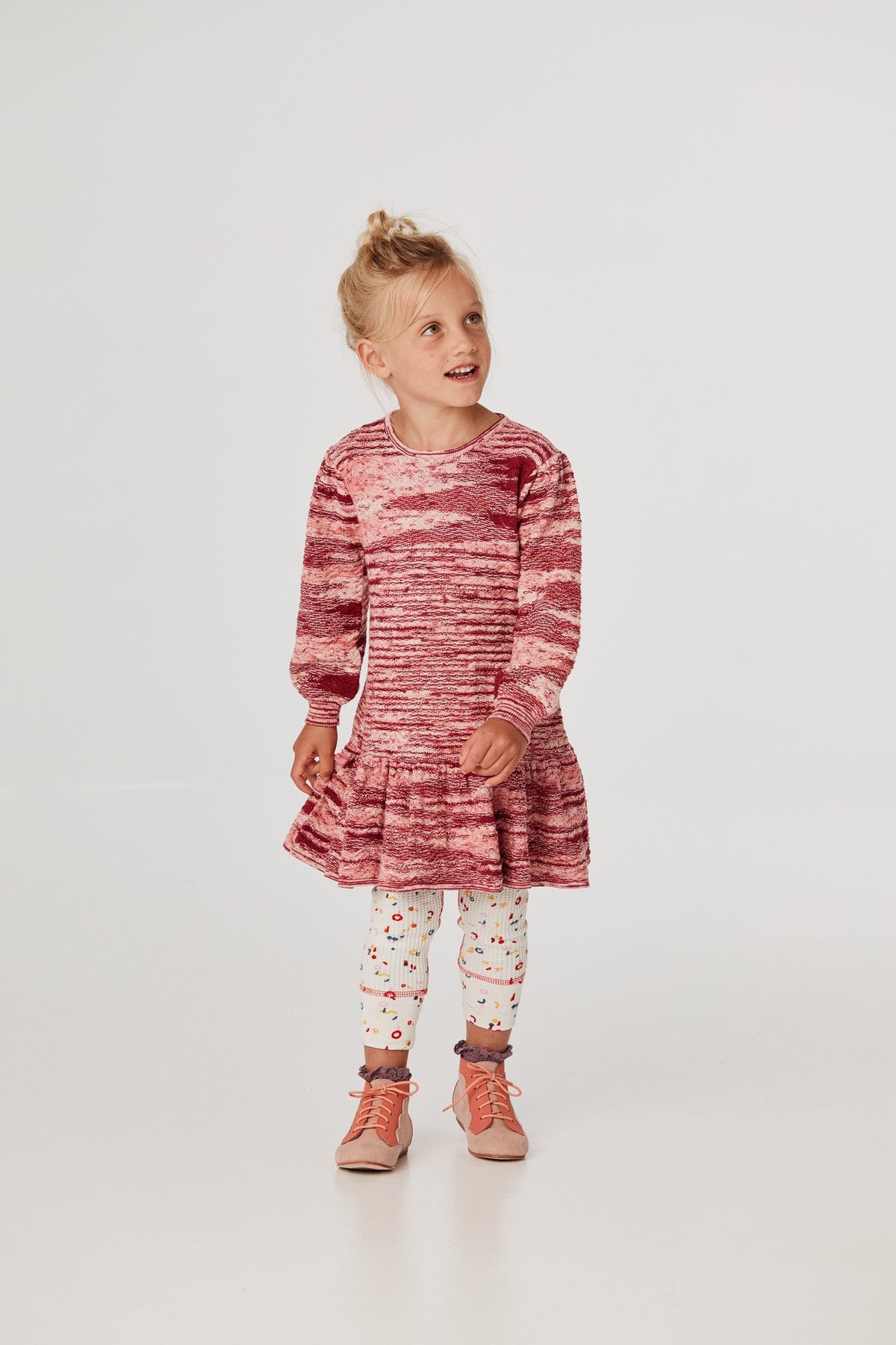 Chevron Peplum Dress - Cranberry Space Dye+Model is 41 inches tall, 38lbs, wearing a size 4-5y