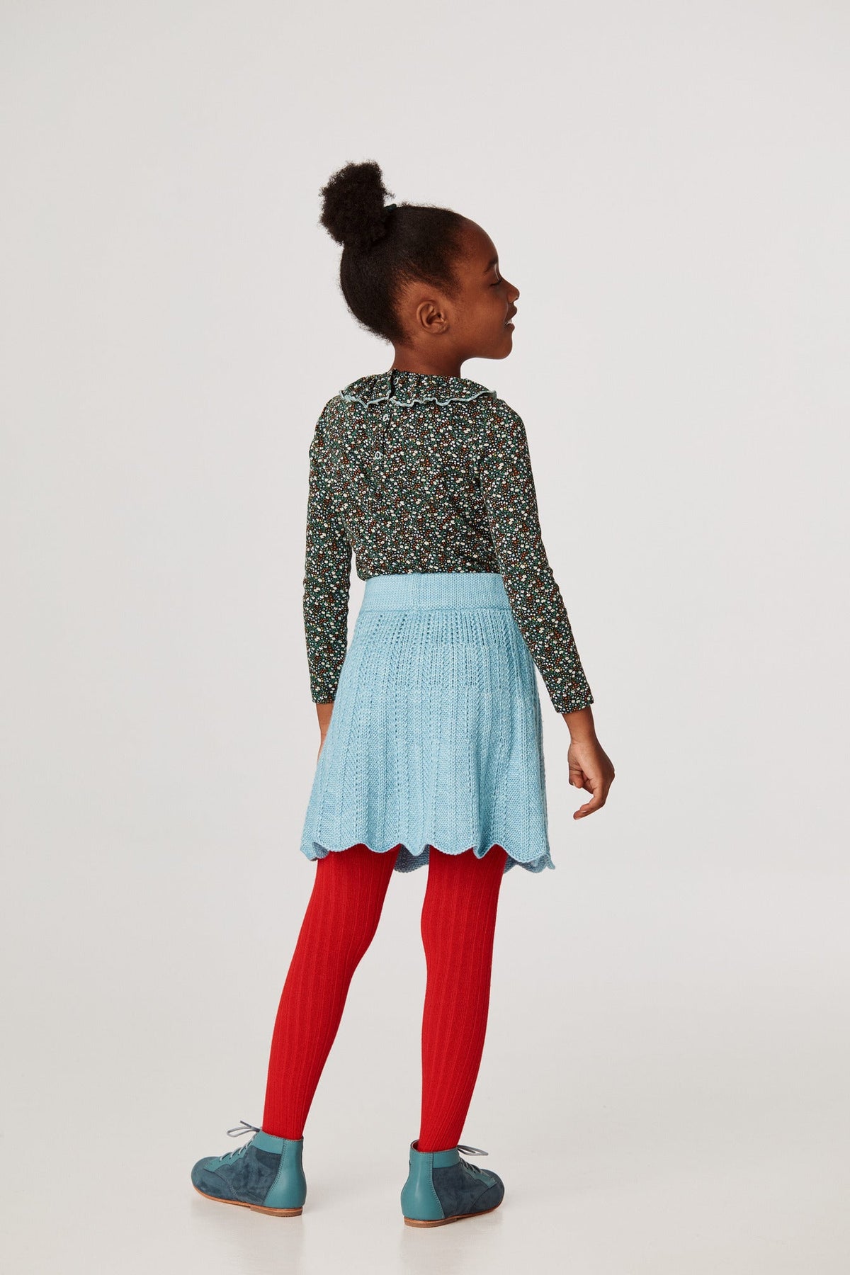 Chevron Skirt - Faded Denim+Model is 49 inches tall, 46lbs, wearing a size 6-7y