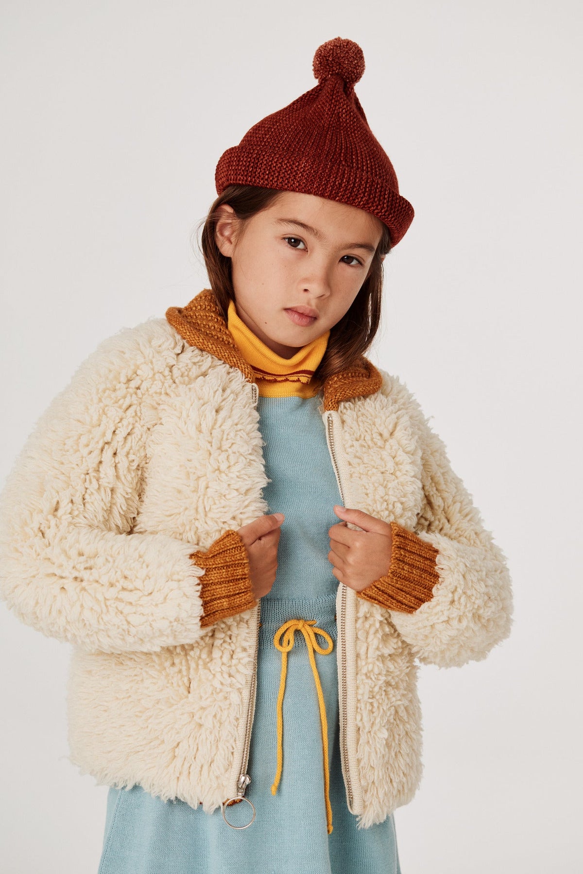 Eco Wool Fur Cardigan - Winter White+Model is 48 inches tall, 47lbs, wearing a size 4-5y