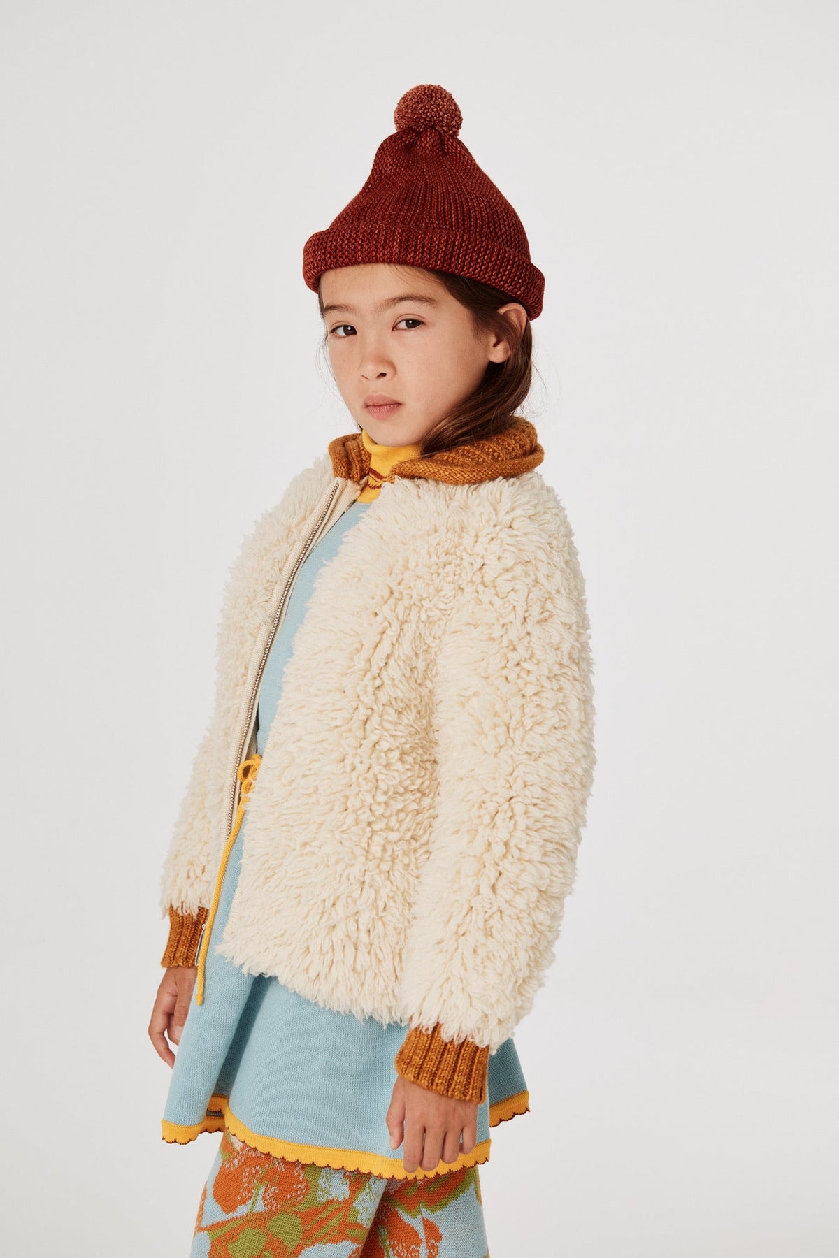 Eco Wool Fur Cardigan - Winter White+Model is 48 inches tall, 47lbs, wearing a size 4-5y