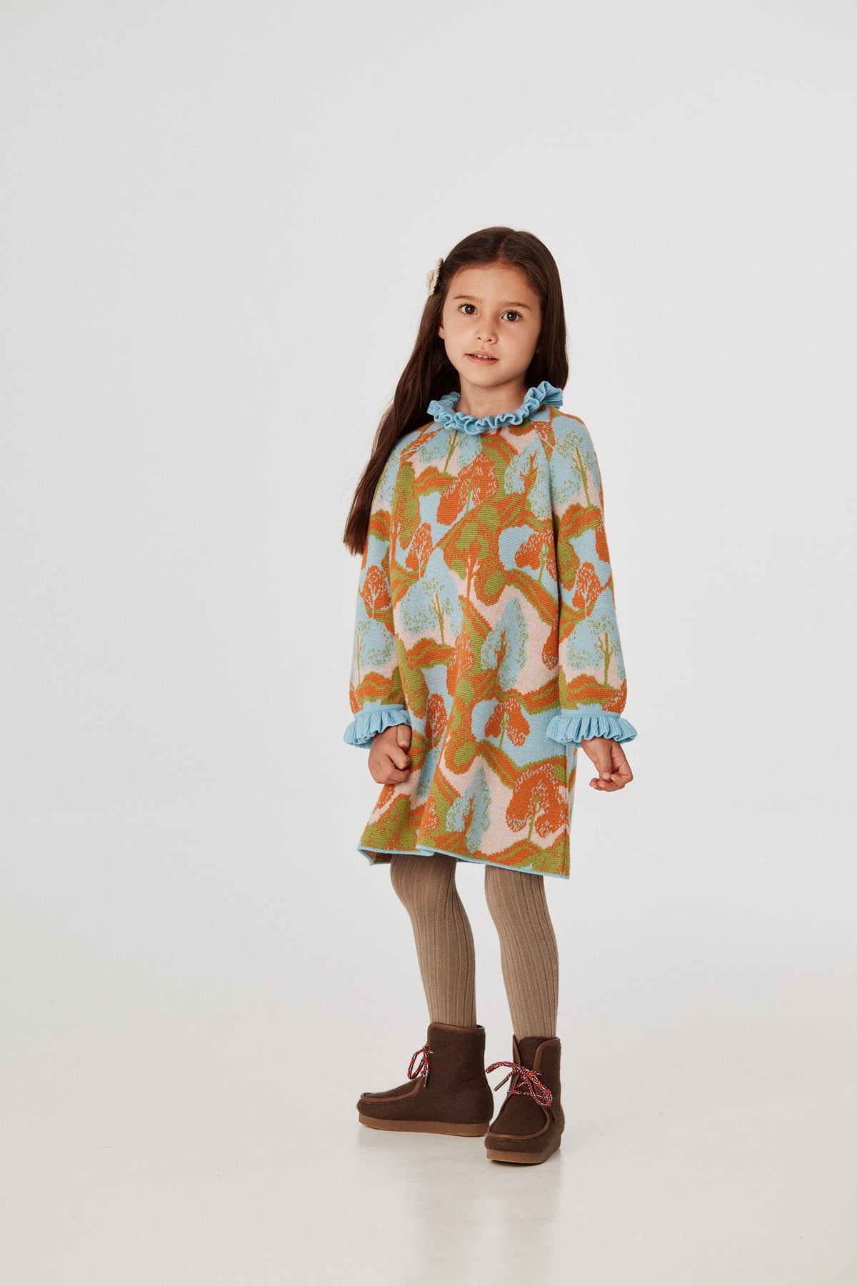 Jacquard Dress - Dune Landscape+Model is 45 inches tall, 35lbs, wearing a size 4-5y