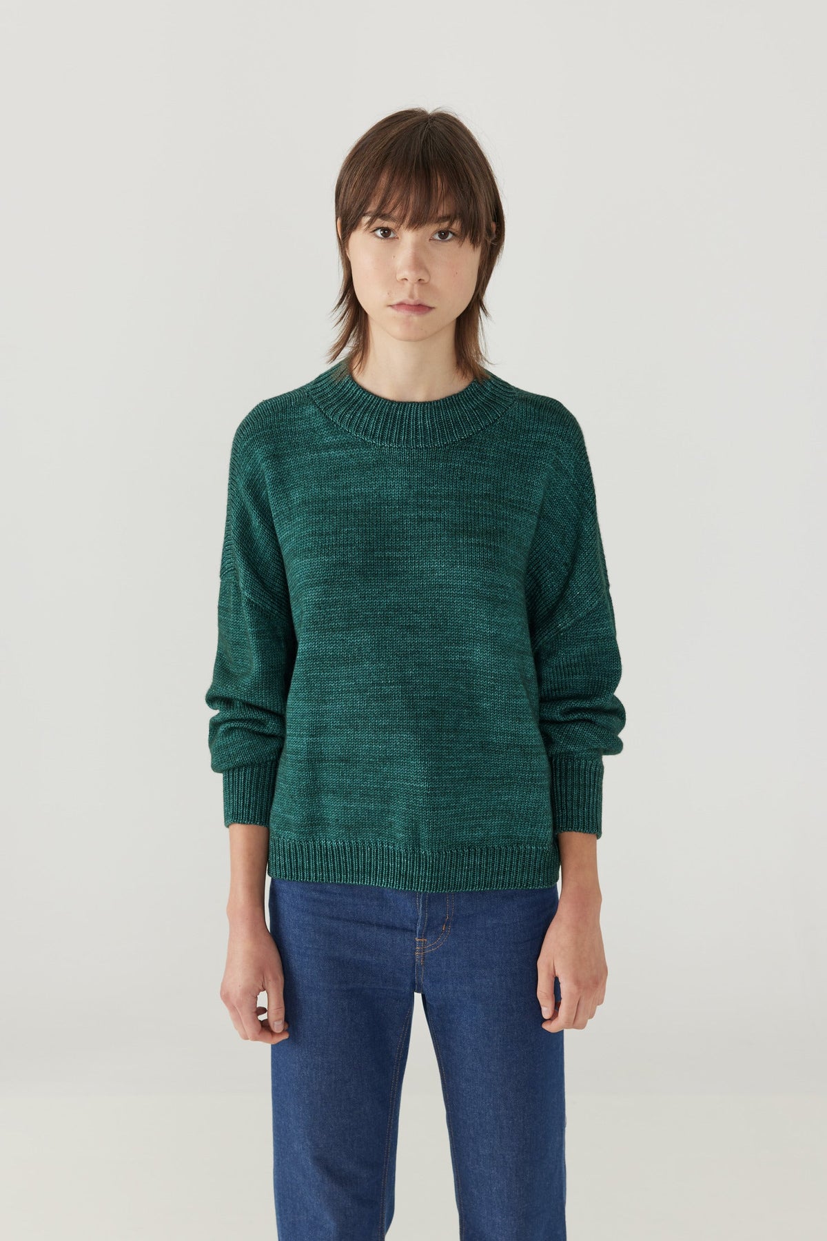 Adult Drafting Mock Neck Sweater - Peacock+Model is 6&#39;&quot; | 32&quot; Bust | 25&quot; Waist | 36.75&quot; Hips | size 2, wearing a size Large