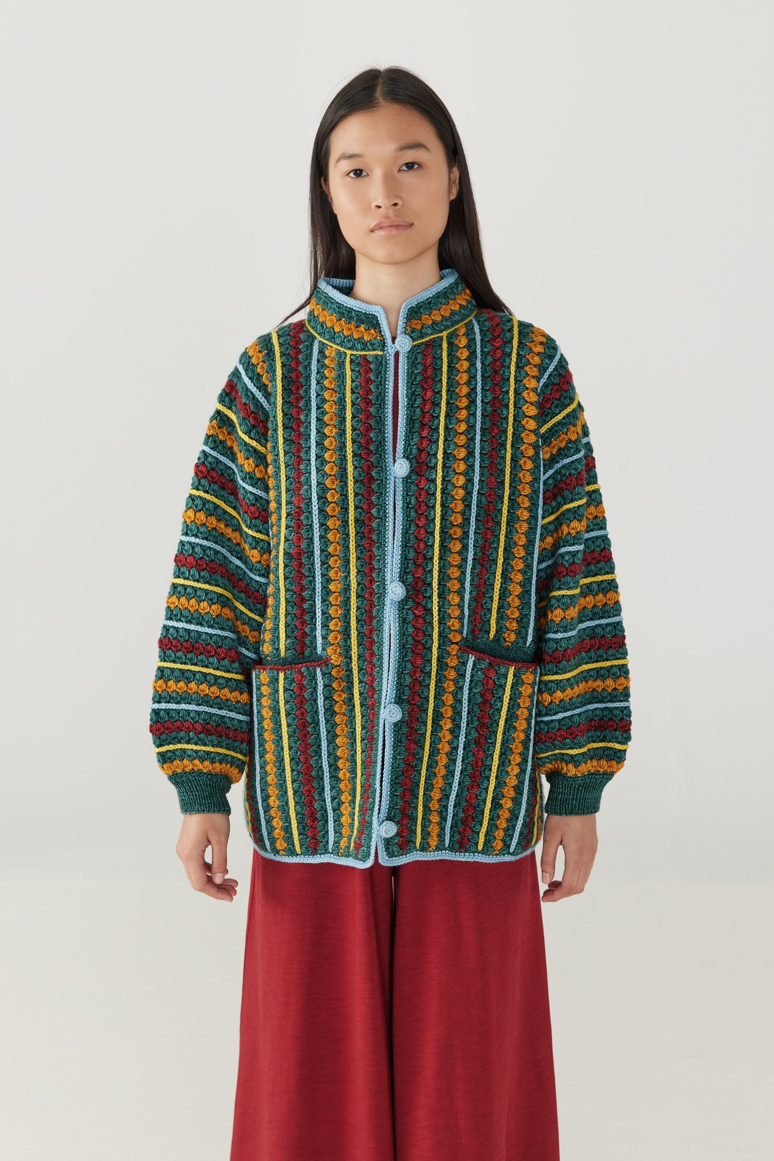 Adult Retrospective Crochet Jacket - Peacock+Model is 5'8" | 31.5" Bust | 25" Waist | 36" Hips | size 2, wearing a size Medium/Large