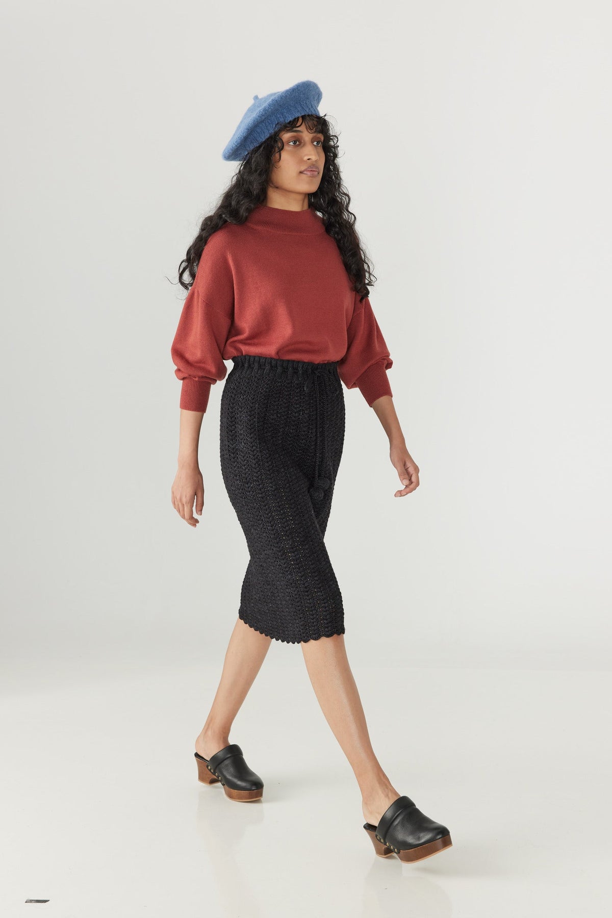 Adult Merino Mock Neck Pullover - Henna+Model is 5&#39;9&quot; | 31&quot; Bust | 24&quot; Waist | 34&quot; Hips | size 2, wearing a size Small