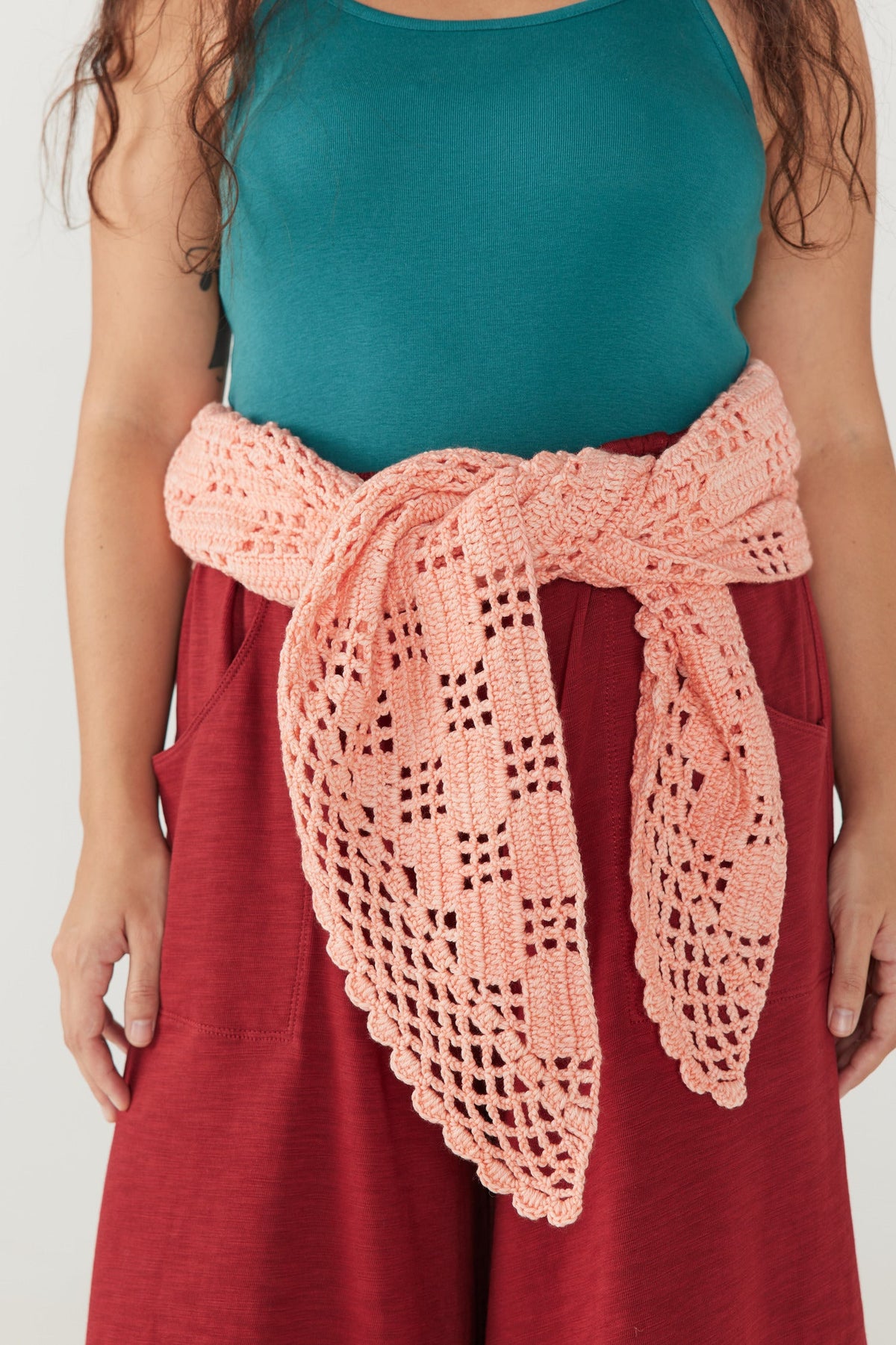 Adult Lattice Crochet Shawl - Grapefruit+Model is 5&#39;8&quot; | 34&quot; Bust | 32&quot; Waist | 41&quot; Hips | size 6, wearing a size One Size