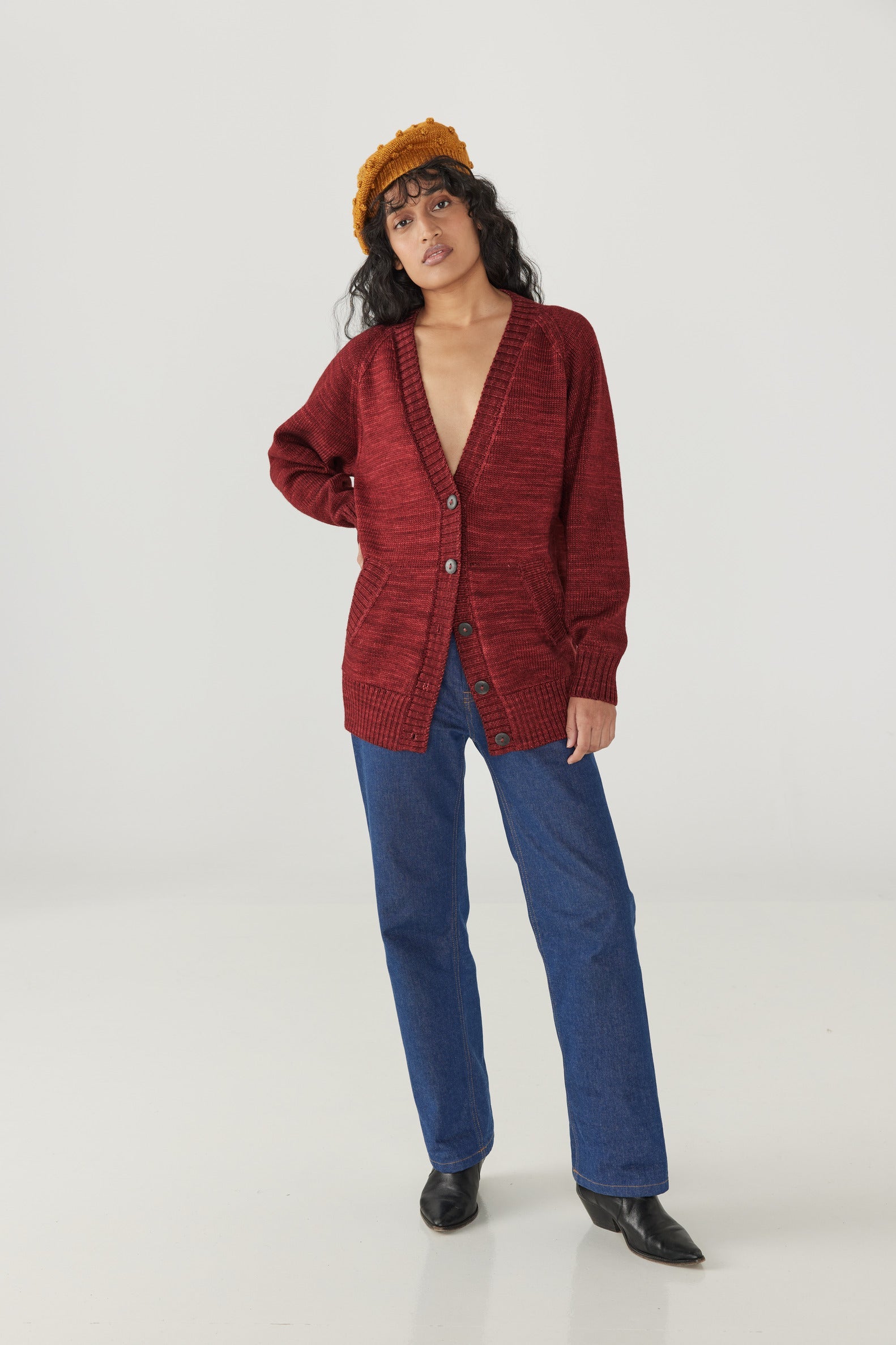 Adult Portfolio Cardigan - Cranberry+Model is 5'9" | 31" Bust | 24" Waist | 34" Hips | size 2, wearing a size X-Small/Small