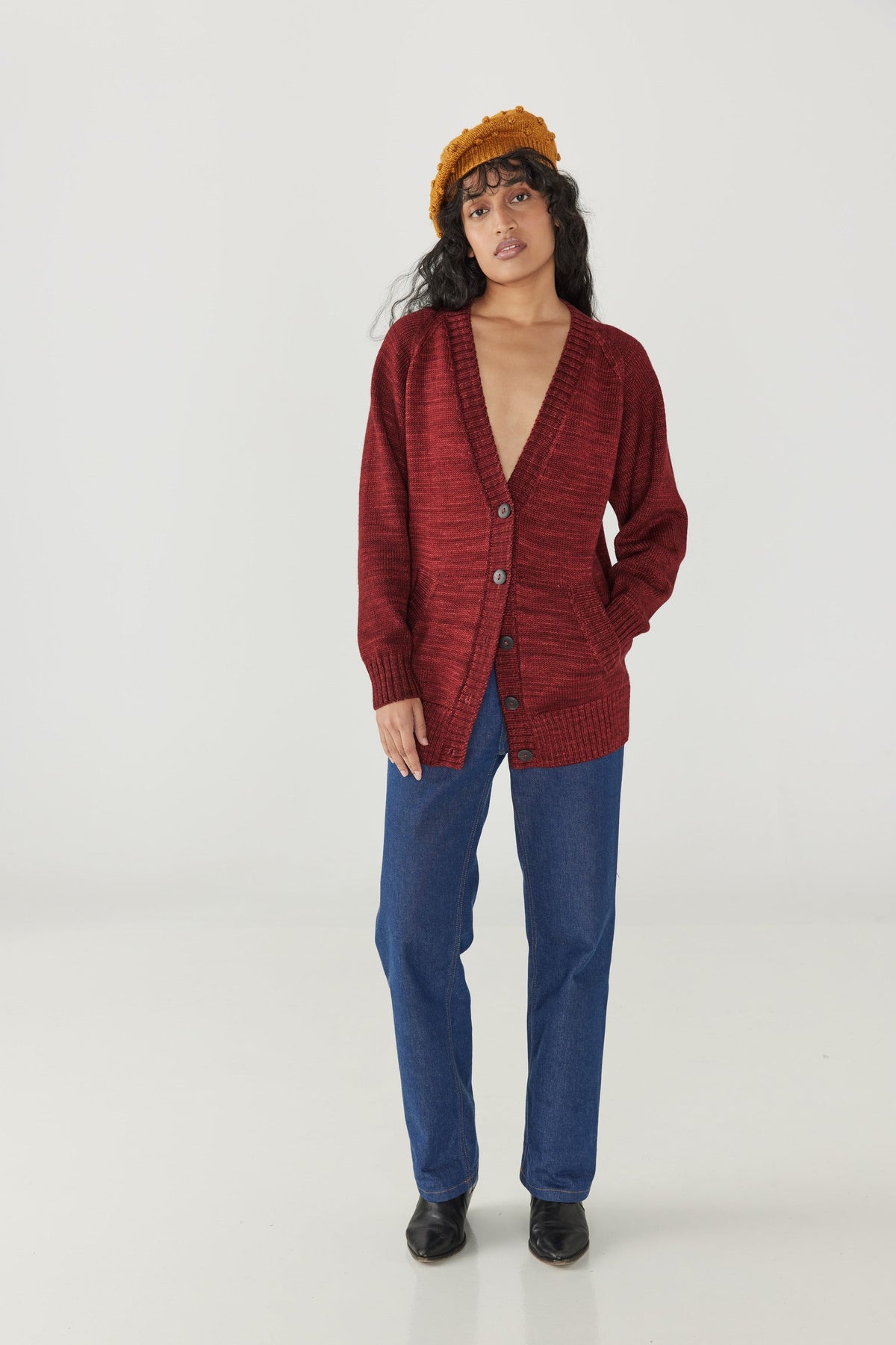 Adult Portfolio Cardigan - Cranberry+Model is 5&#39;9&quot; | 31&quot; Bust | 24&quot; Waist | 34&quot; Hips | size 2, wearing a size X-Small/Small