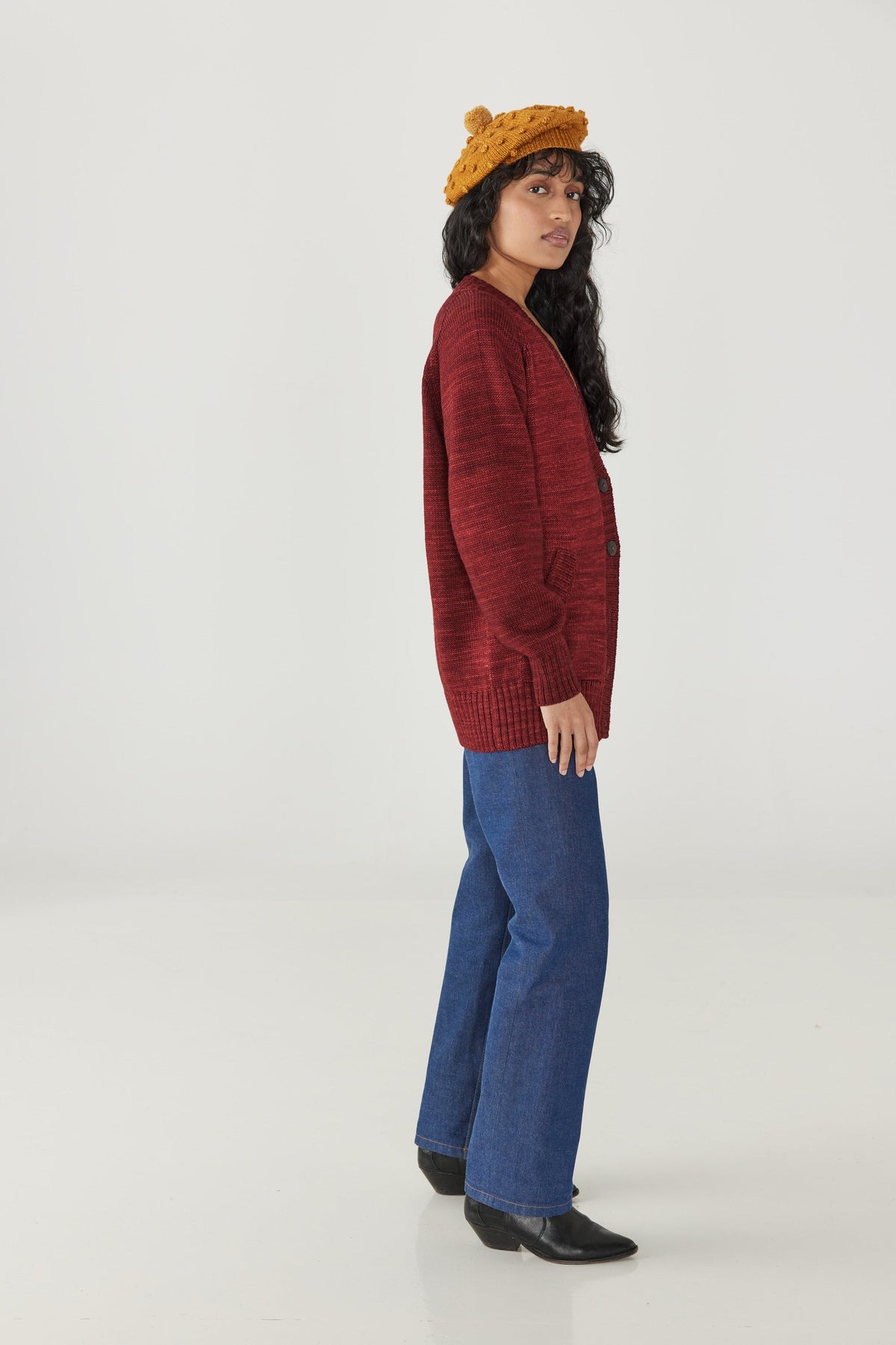 Adult Portfolio Cardigan - Cranberry+Model is 5&#39;9&quot; | 31&quot; Bust | 24&quot; Waist | 34&quot; Hips | size 2, wearing a size X-Small/Small
