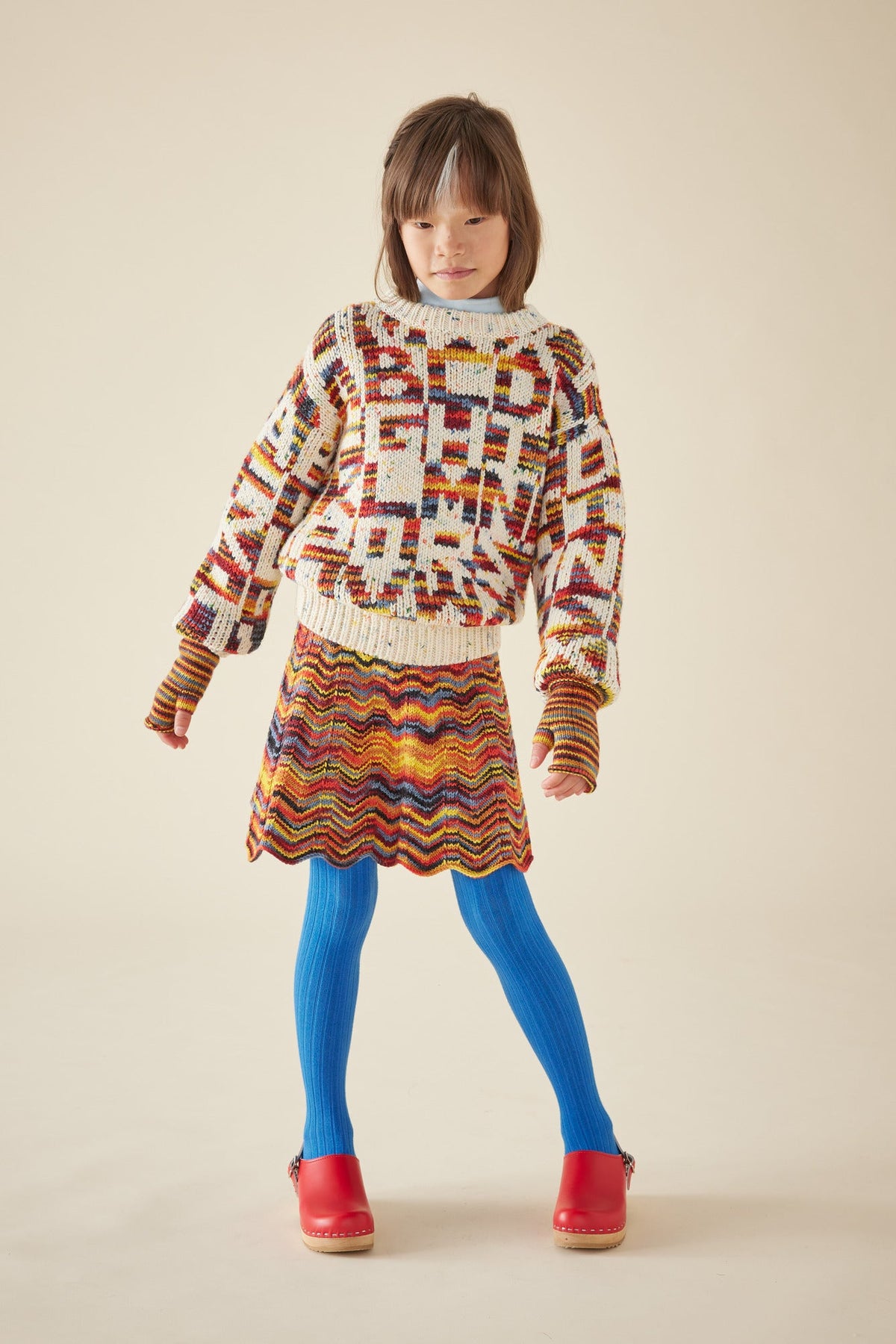 Alphabet Intarsia Sweater - Prime Confetti+Model is 5&#39;7&quot; | 34&quot; Bust | 26.5&quot; Waist | 36.25&quot; Hips | size 4, wearing a size Large