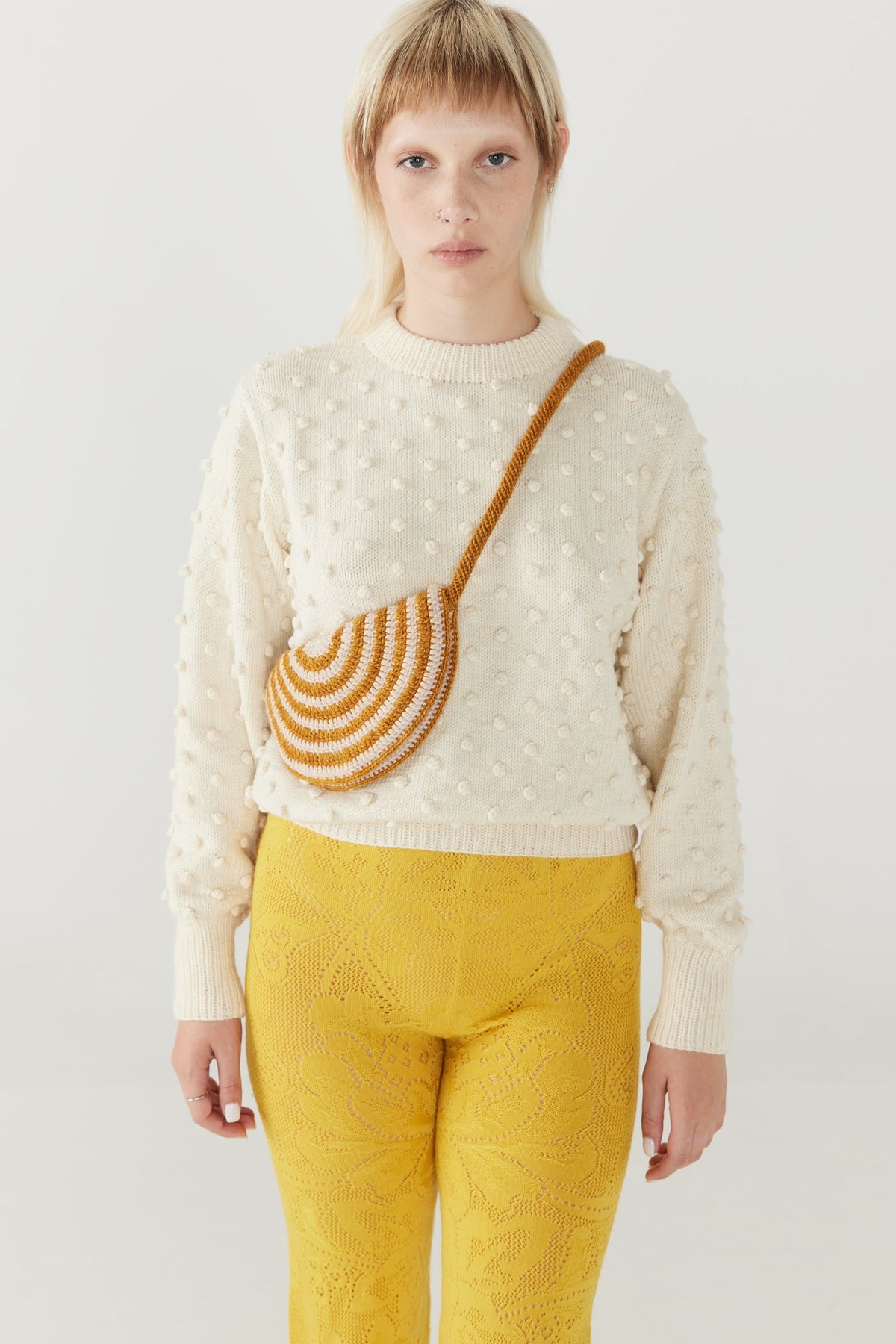 Adult Popcorn Crew Sweater - Winter Cream+Model is 5&#39;7&quot; | 34&quot; Bust | 26.5&quot; Waist | 36.25&quot; Hips | size 4, wearing a size Small