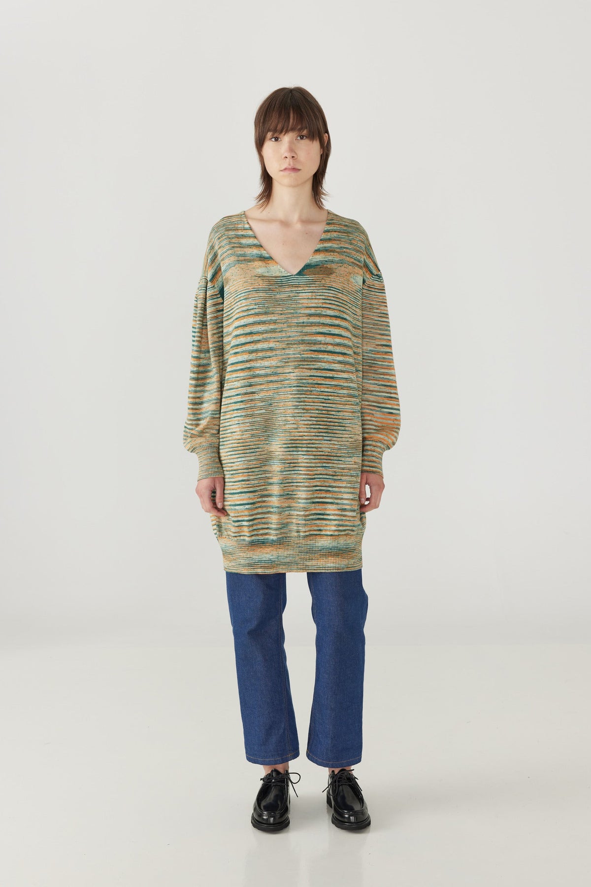 Adult Cotton Jersey Penelope Dress - Peacock Space Dye+Model is 6&#39;&quot; | 32&quot; Bust | 25&quot; Waist | 36.75&quot; Hips | size 2, wearing a size Medium/Large