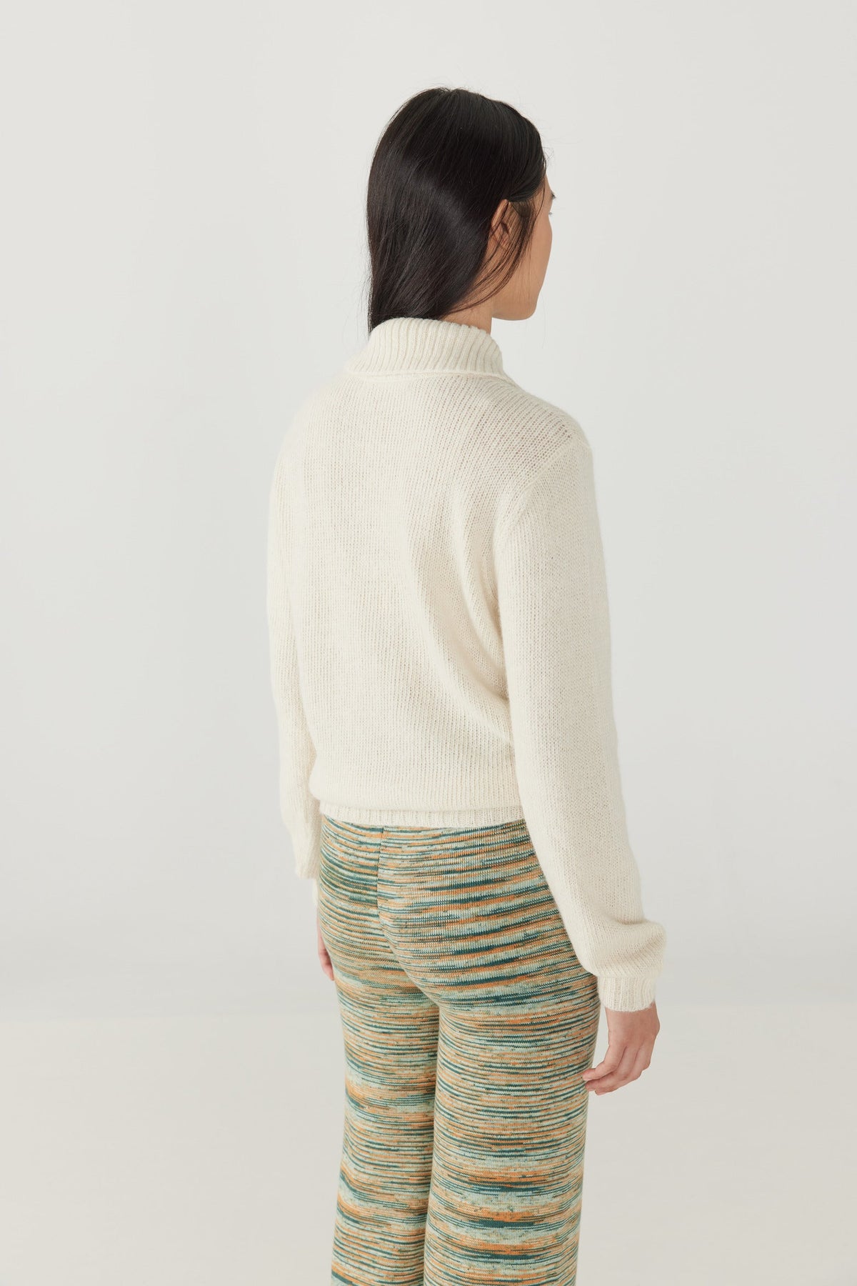 Adult Natural Alpaca O&#39;Rourke Sweater - Pearl+Model is 5&#39;8&quot; | 31.5&quot; Bust | 25&quot; Waist | 36&quot; Hips | size 2, wearing a size Small