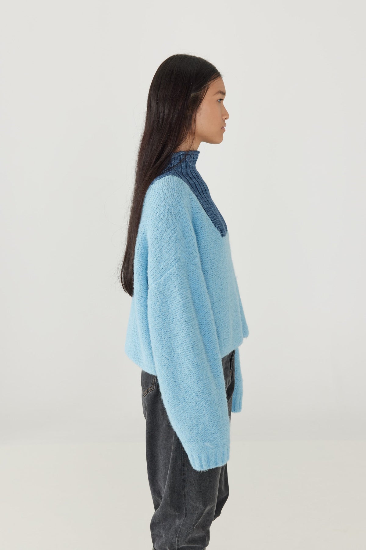 Adult Boucle Ski Sweater - Faded Denim+Model is 5&#39;8&quot; | 31.5&quot; Bust | 25&quot; Waist | 36&quot; Hips | size 2, wearing a size Small
