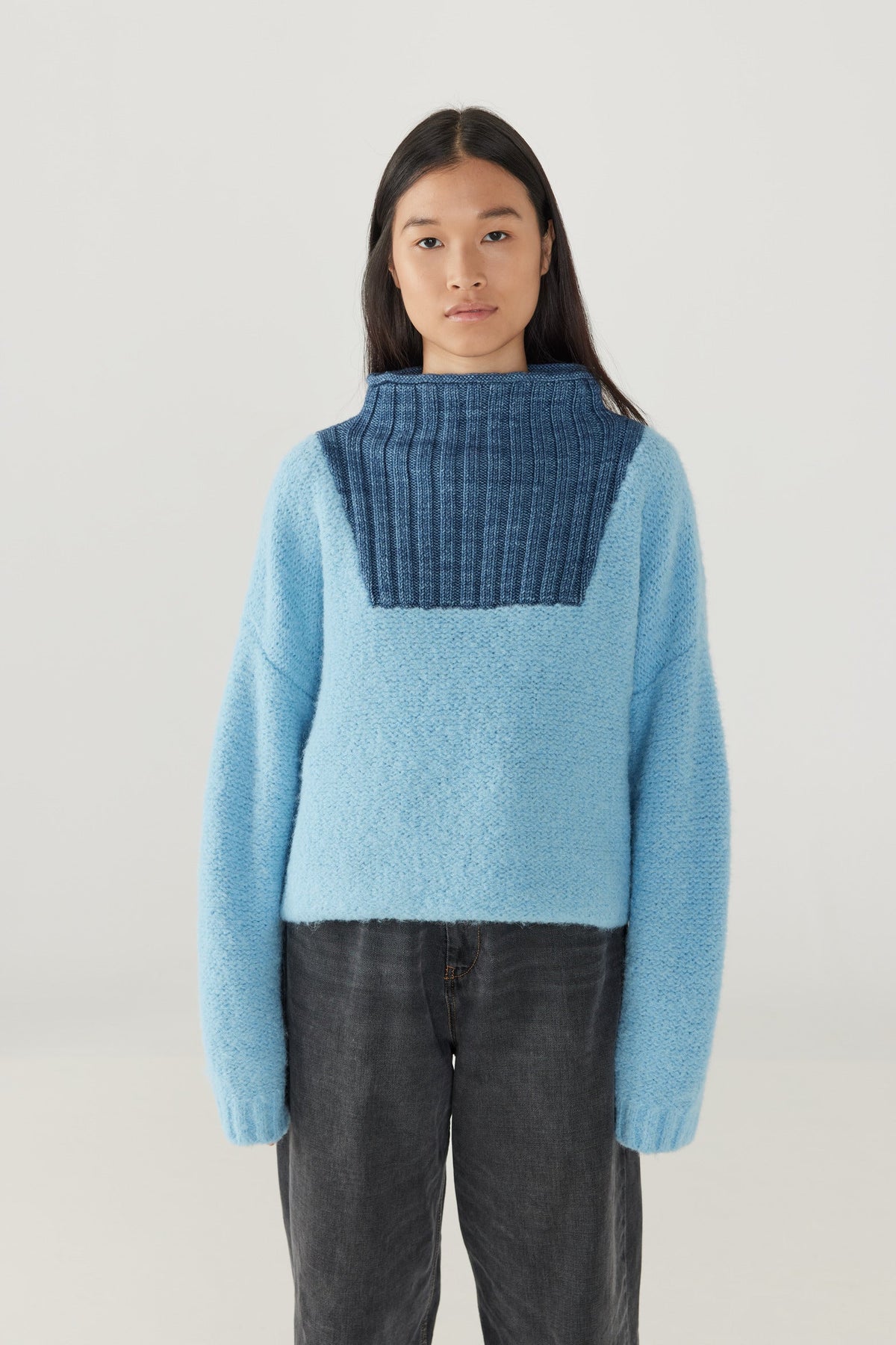 Adult Boucle Ski Sweater - Faded Denim+Model is 5&#39;8&quot; | 31.5&quot; Bust | 25&quot; Waist | 36&quot; Hips | size 2, wearing a size Small