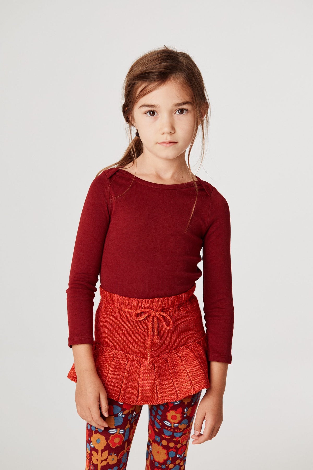 Long Sleeve Lap Tee - Cranberry+Model is 48 inches tall, 44lbs, wearing a size 4-5y