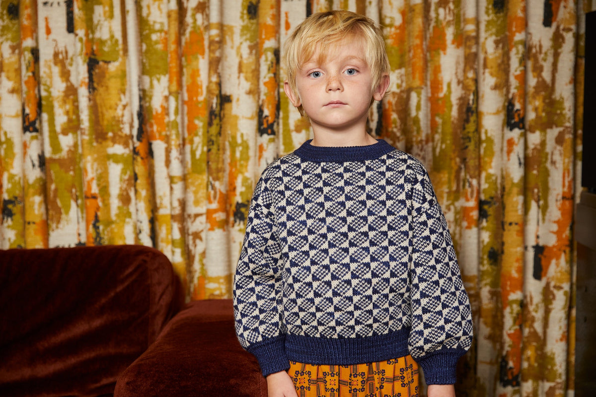 Prism Sweater - Maritime Blue+Model is 44 inches tall, 43lbs, wearing a size 4-5y