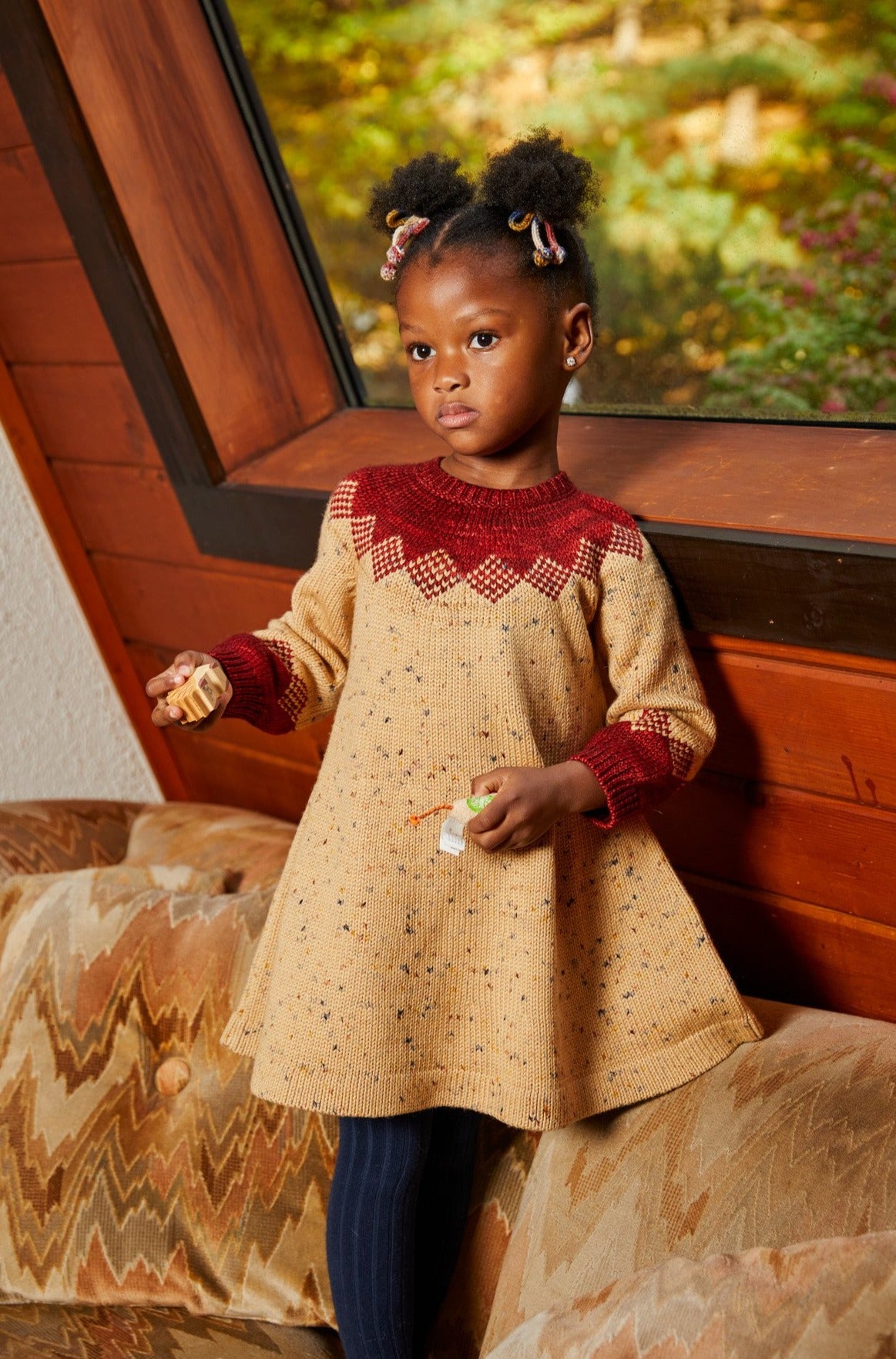 Pinecone Dress - Camel Confetti+Model is 30 inches tall, 31lbs, wearing a size 3-4y