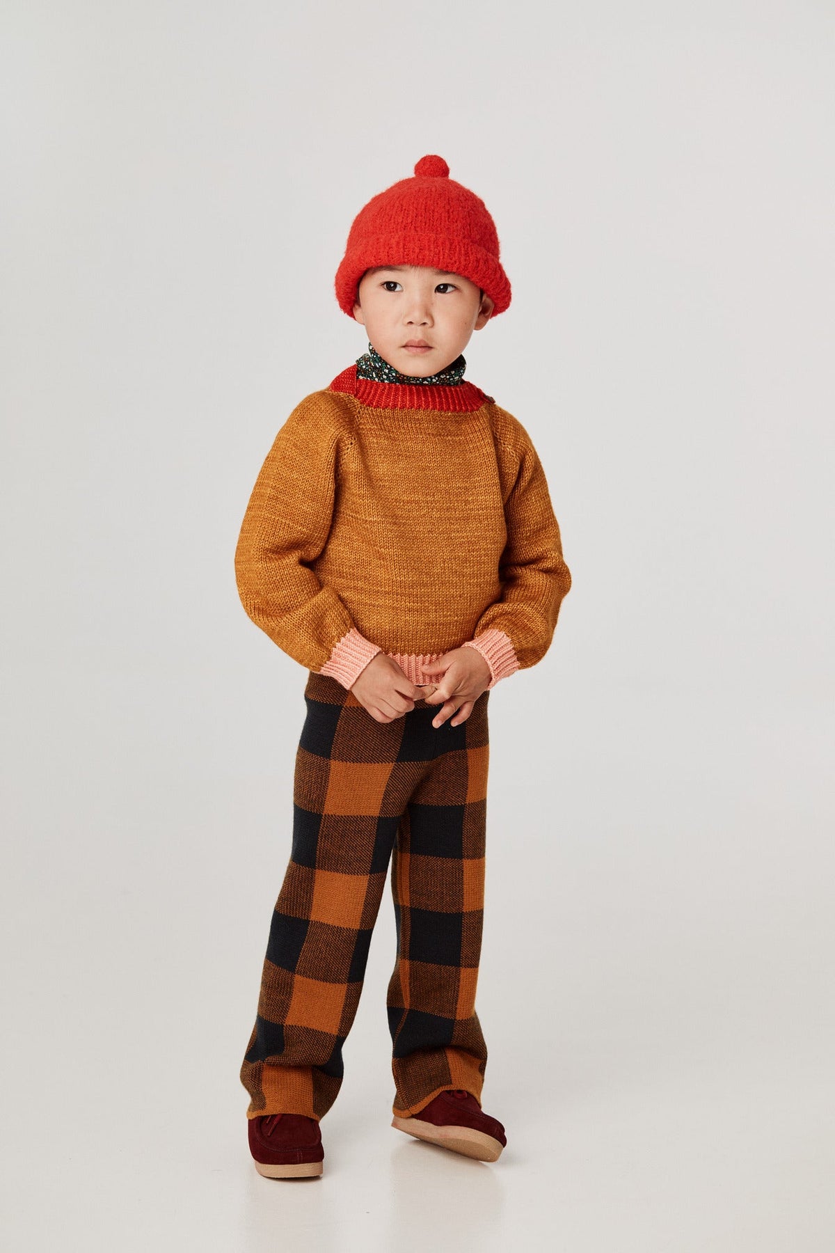 Plaid Slim Pant - Marigold+Model is 39 inches tall, 32lbs, wearing a size 3-4y