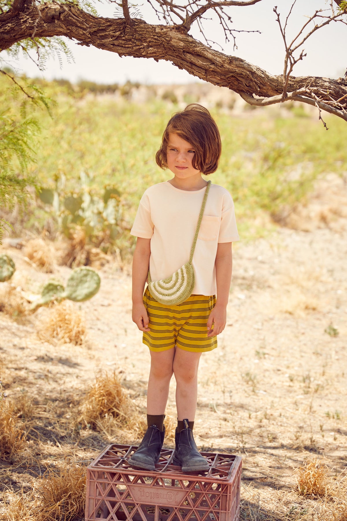 Cycling Shorts - Dandelion Stripe+Model is 45.25 inches tall, 45lbs and wearing size 4-5y