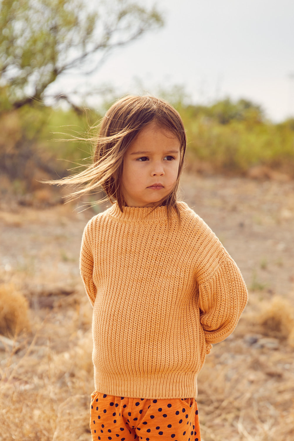 Fisherman Crew Neck Sweater - Desert Sand+Model is 39 inches tall, 33lbs and wearing size 3-4y