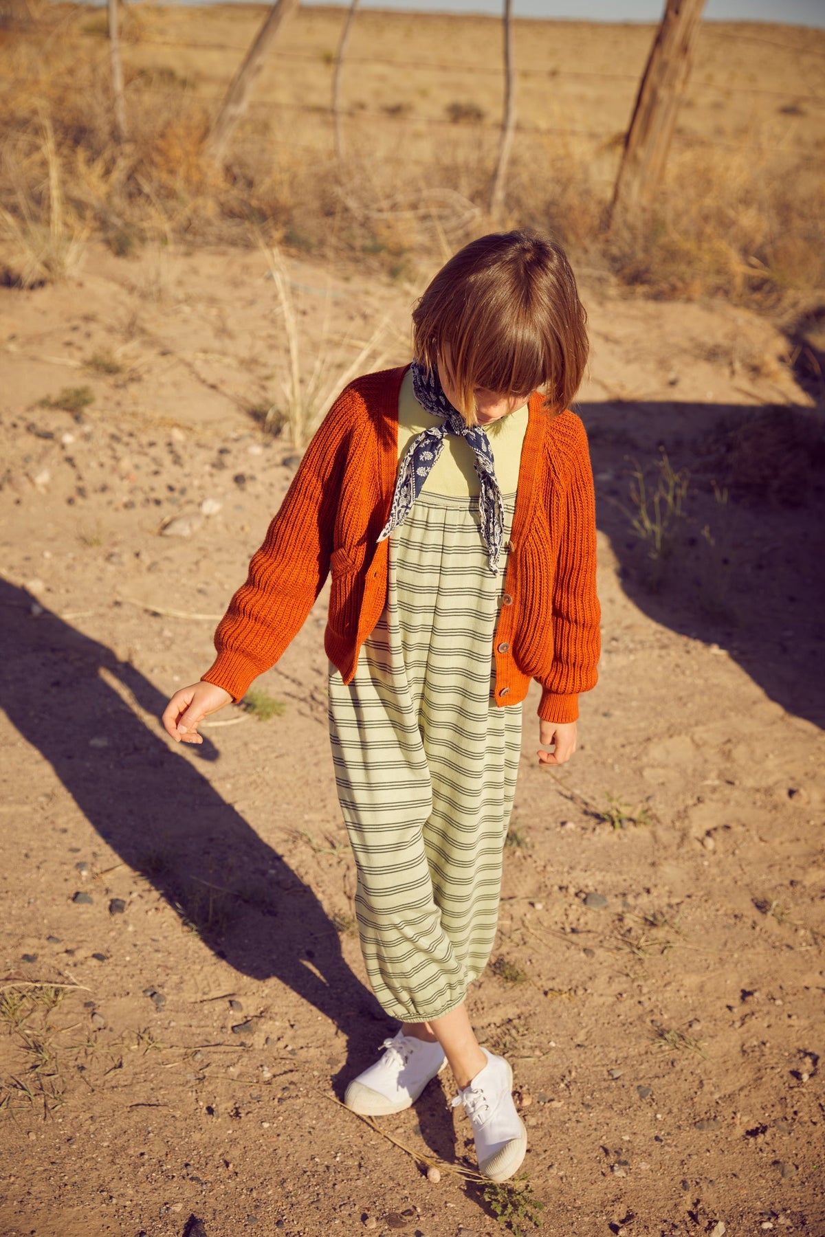 Fisherman Rib Everyday Cardigan - Marmalade+Model is 50 inches tall, 49lbs and wearing size 7-8y