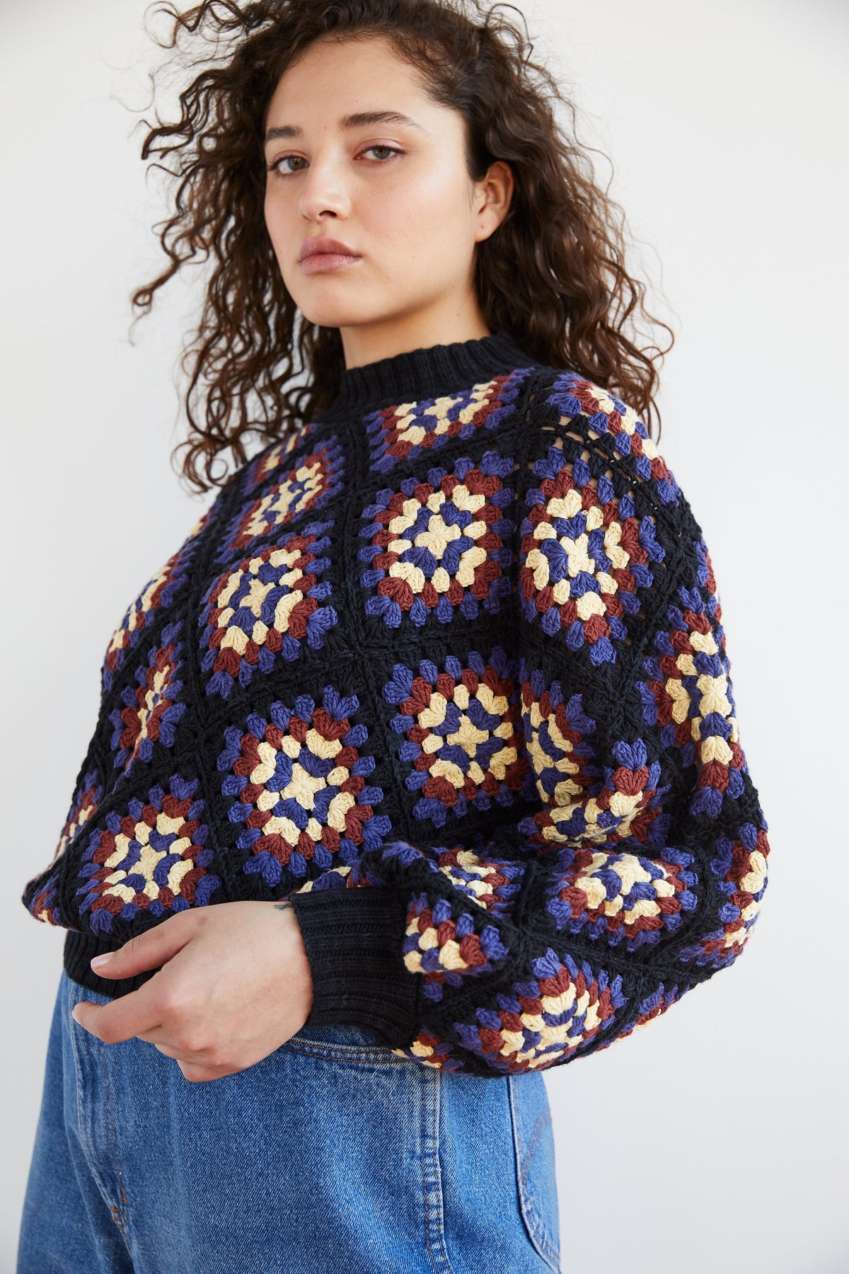 Adult Crochet Square Sweater - Pale Black