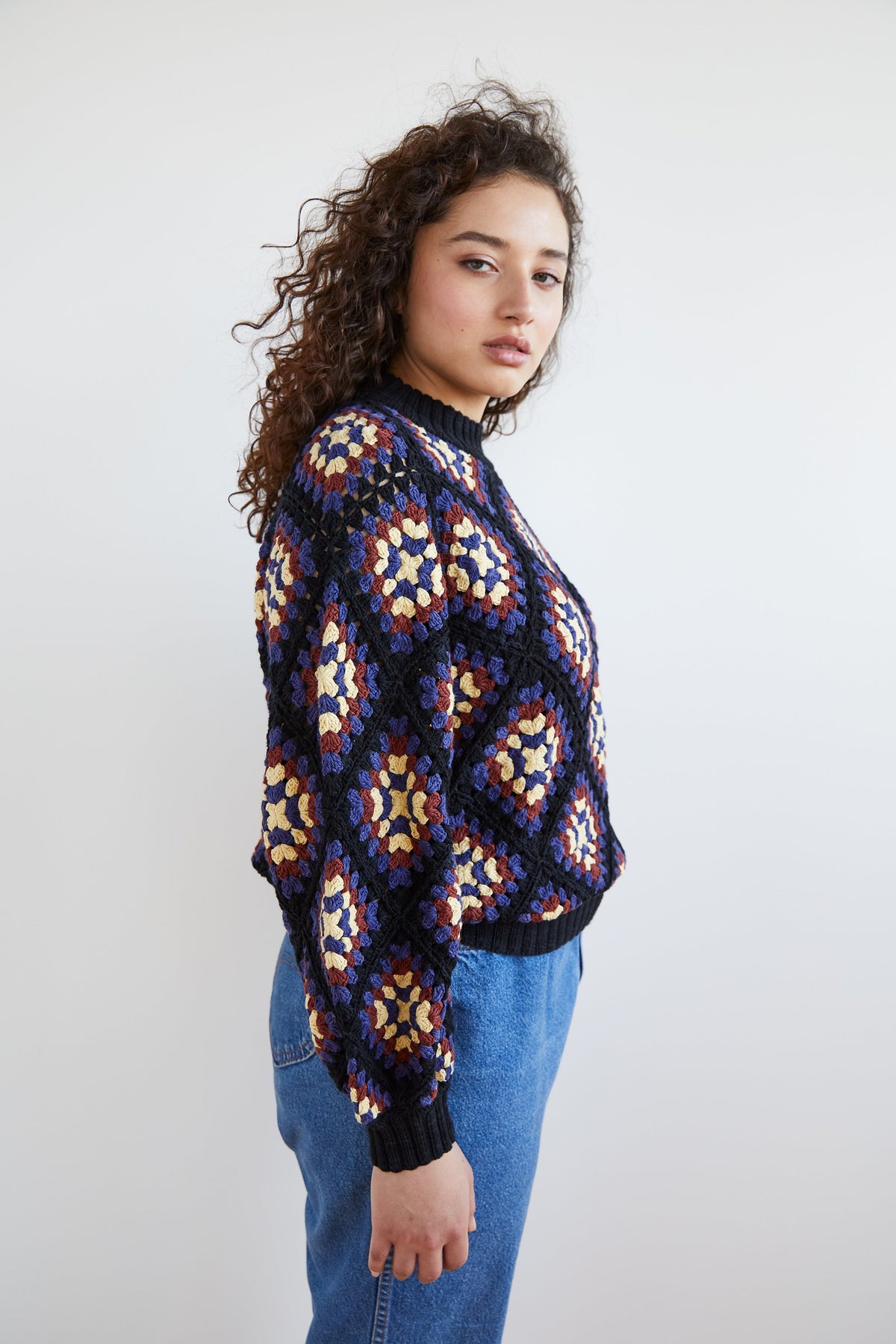 Adult Crochet Square Sweater - Pale Black