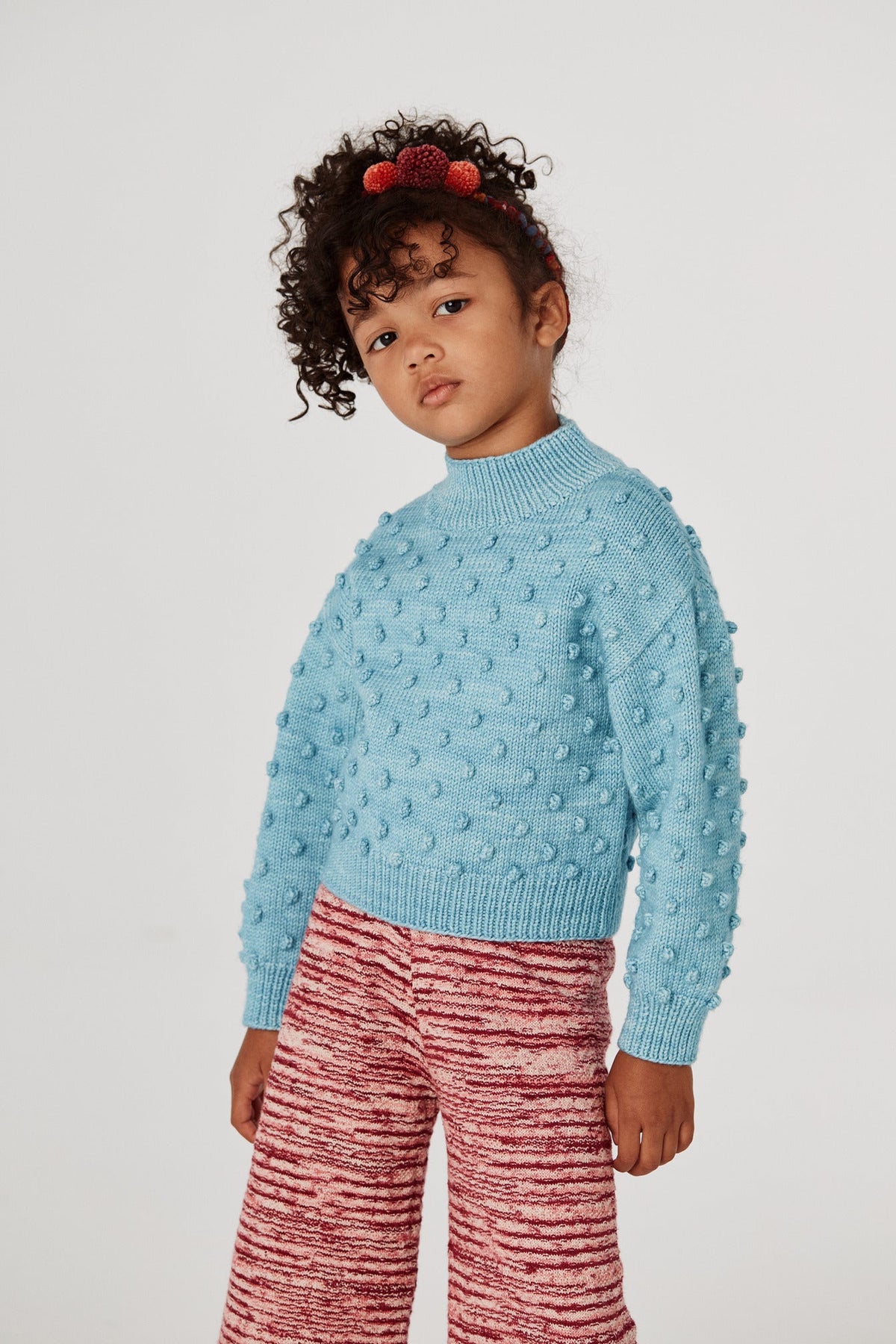 Mock Neck Popcorn Sweater - Faded Denim+Model is 45 inches tall, 44lbs, wearing a size 4y