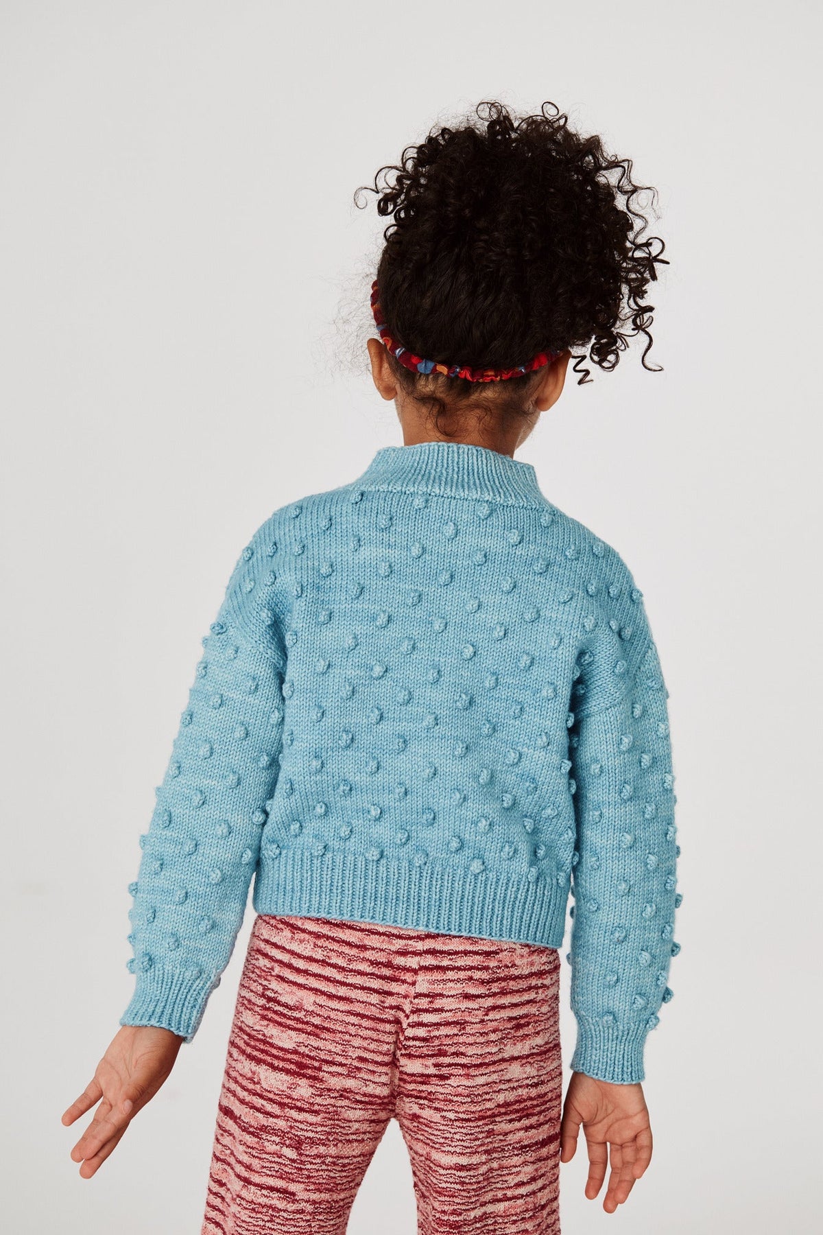 Mock Neck Popcorn Sweater - Faded Denim+Model is 45 inches tall, 44lbs, wearing a size 4y