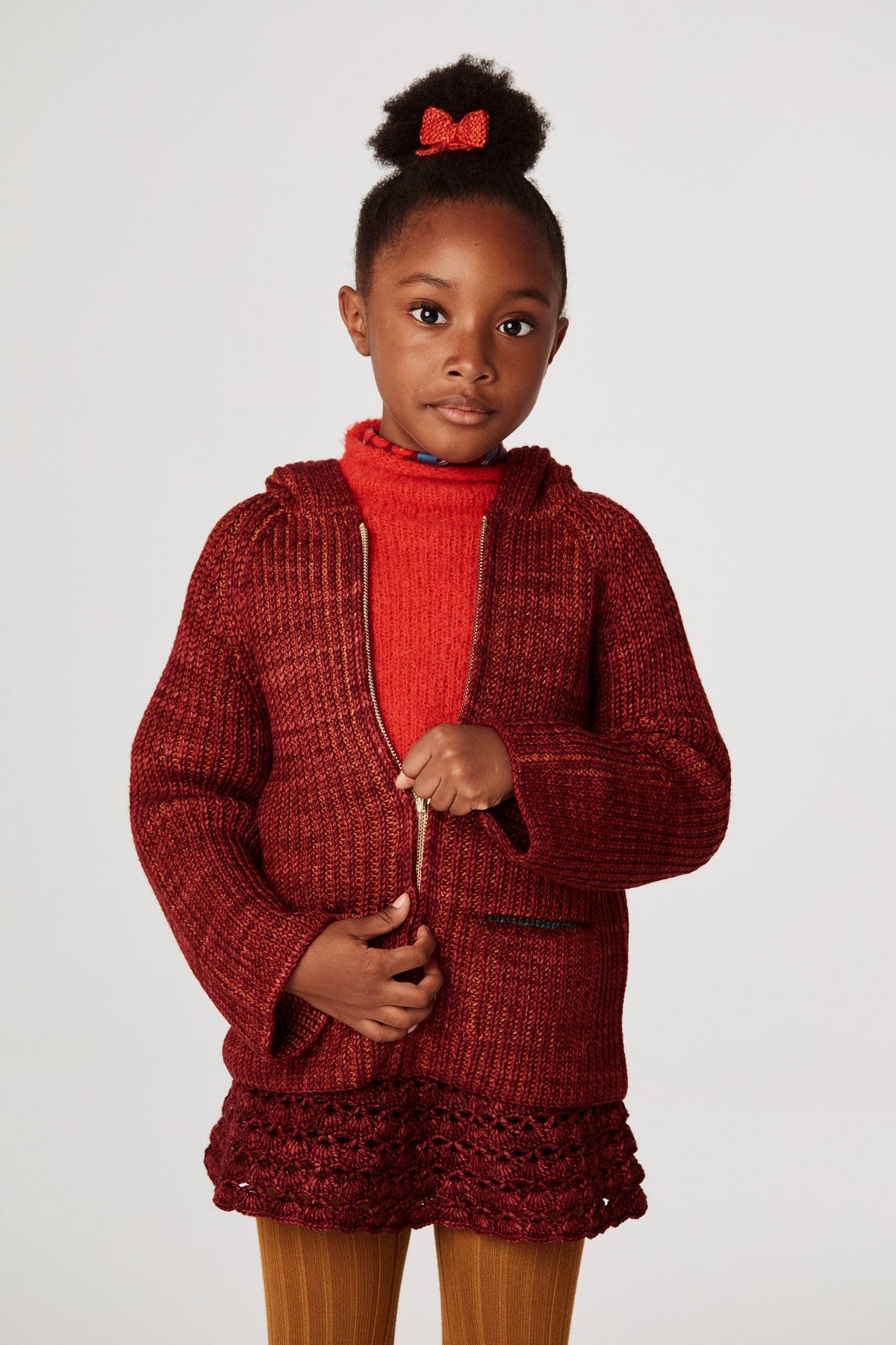 North Wind Jacket - Cranberry+Model is 49 inches tall, 46lbs, wearing a size 4-5y