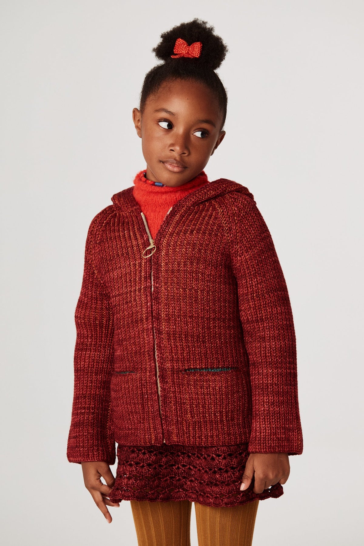 North Wind Jacket - Cranberry+Model is 49 inches tall, 46lbs, wearing a size 4-5y