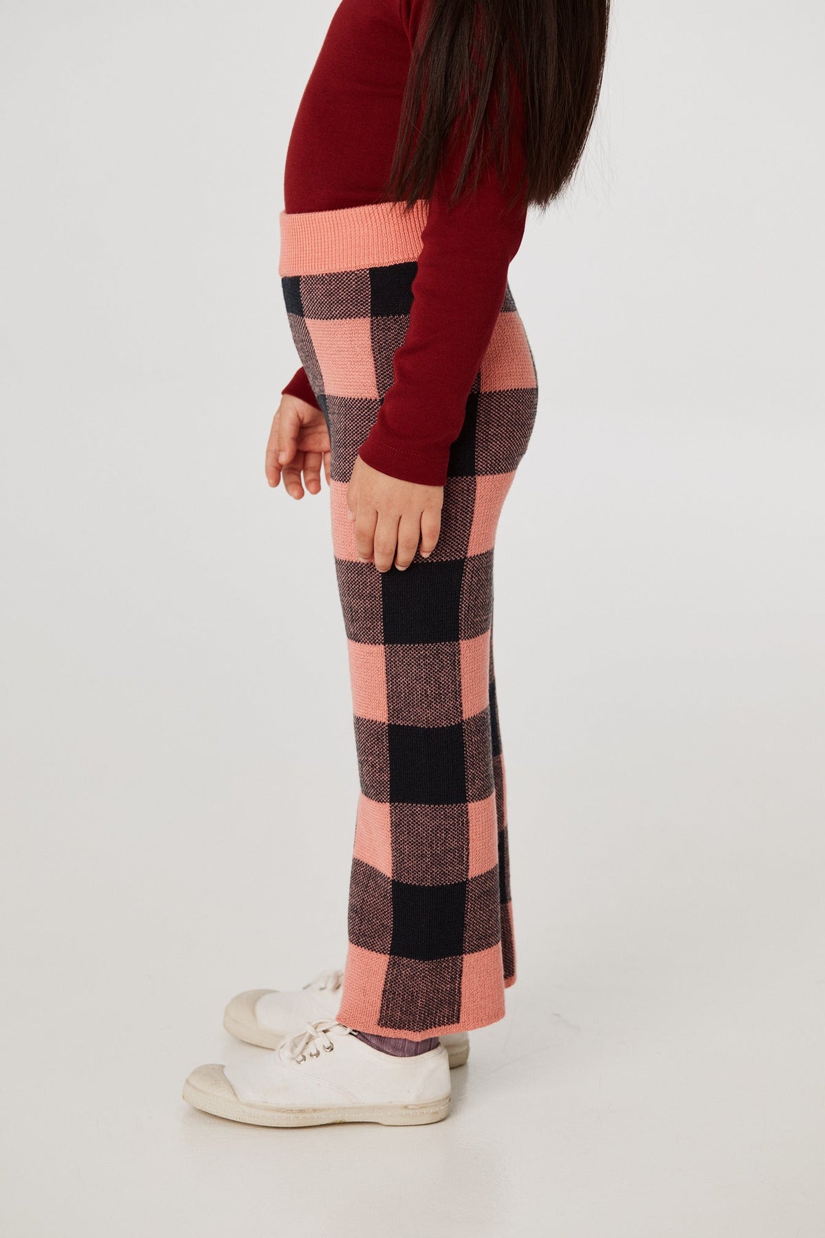 Plaid Slim Pant - Grapefruit+Model is 41 inches tall, 38lbs, wearing a size 4-5y