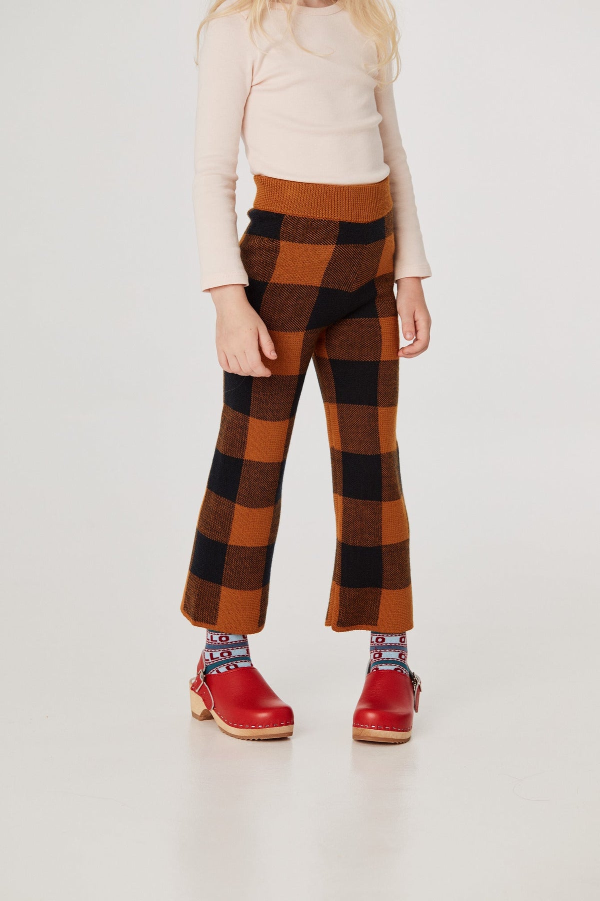 Plaid Slim Pant - Marigold+Model is 45 inches tall, 40lbs, wearing a size 4-5y