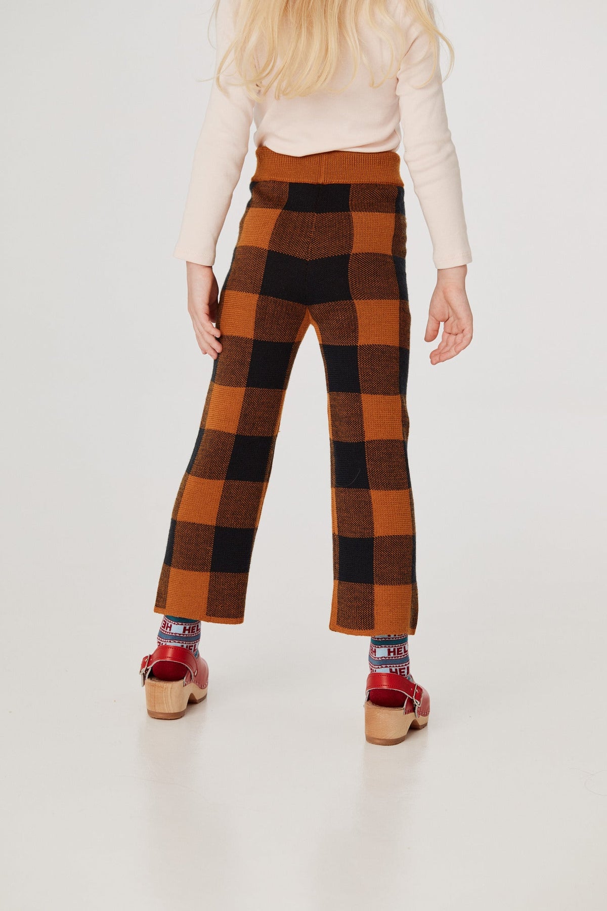Plaid Slim Pant - Marigold+Model is 45 inches tall, 40lbs, wearing a size 4-5y