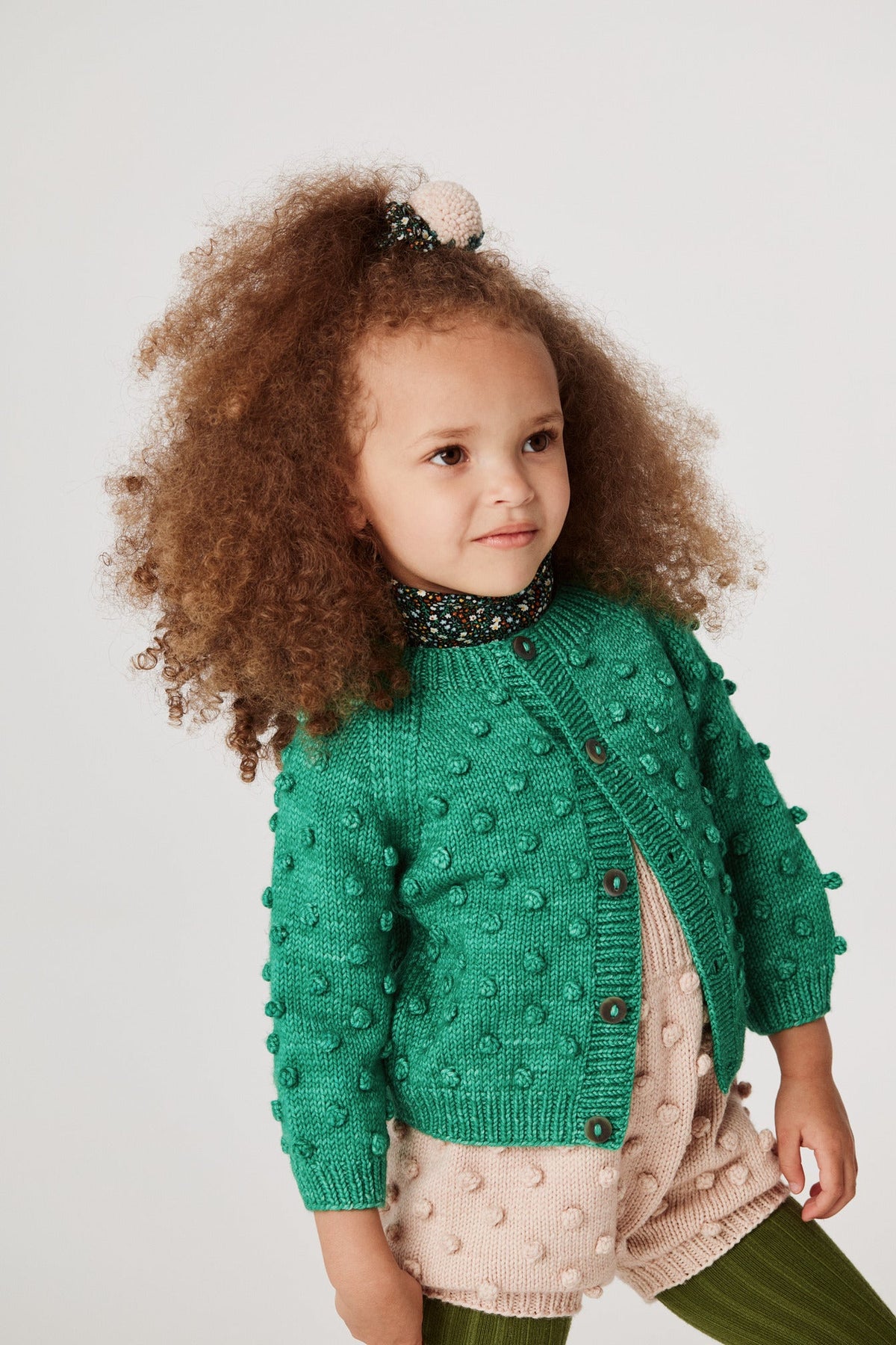 Popcorn Cardigan - Emerald+Model is 36 inches tall, 27lbs, wearing a size 12-18m