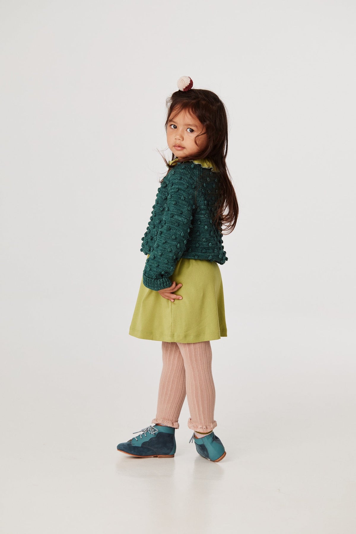 Popcorn Sweater - Peacock+Model is 41 inches tall, 38lbs, wearing a size 4-5y