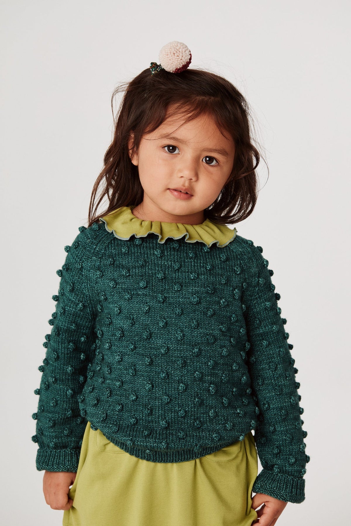 Popcorn Sweater - Peacock+Model is 41 inches tall, 38lbs, wearing a size 4-5y