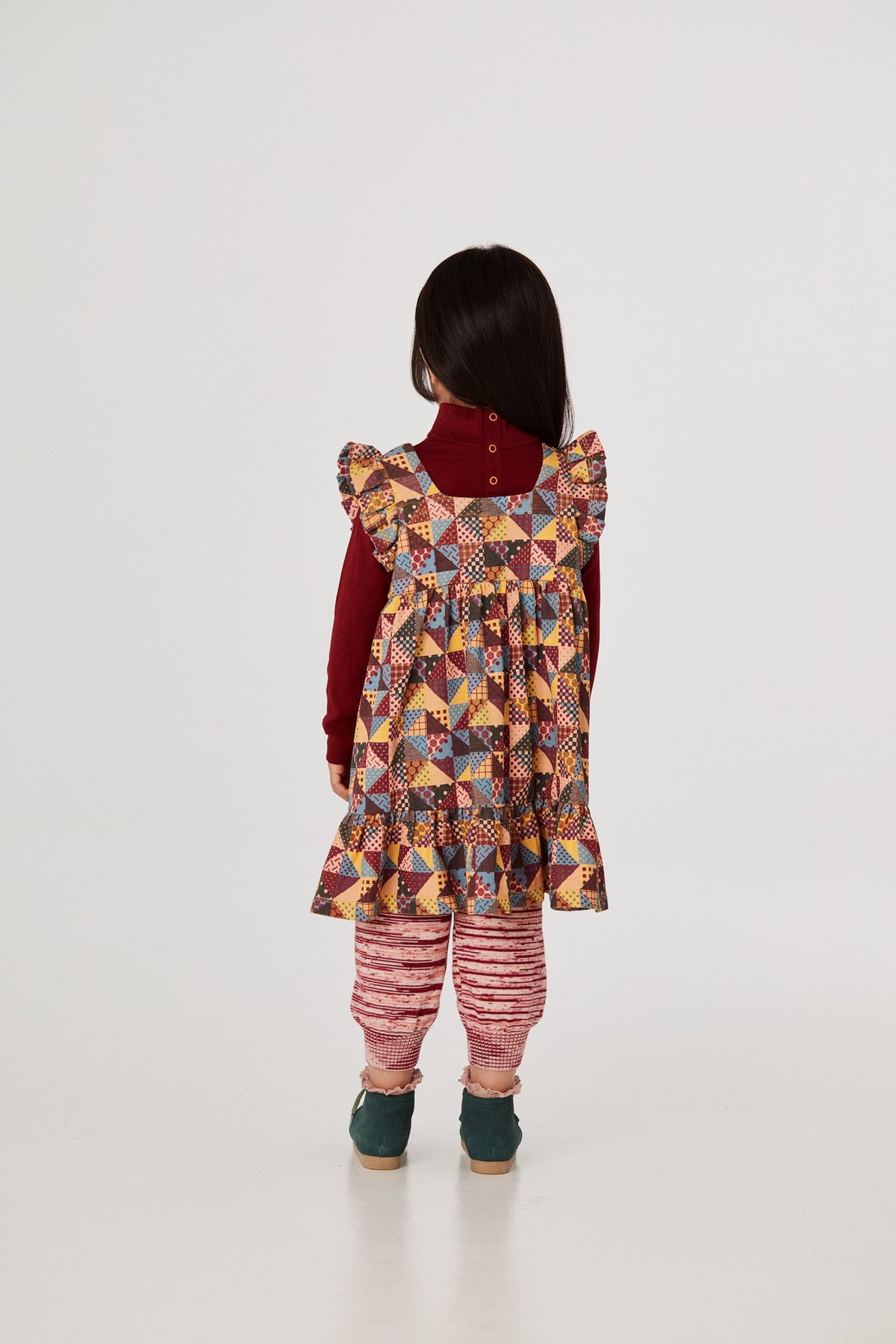 Ruffle Sleeve Dress - Mango Patchwork+Model is 41 inches tall, 38lbs, wearing a size 4-5y