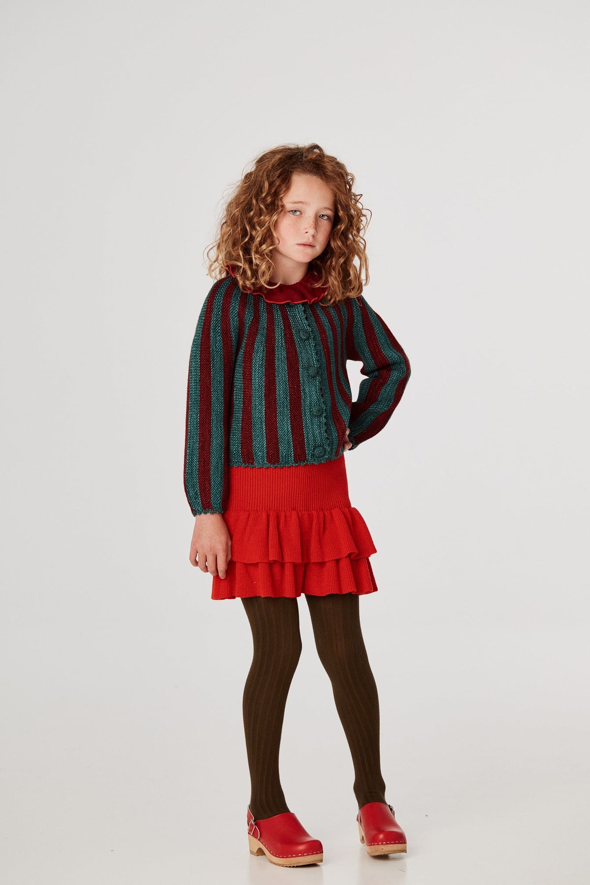 Short Circus Cardigan - Peacock+Model is 53 inches tall, 58lbs, wearing a size 7-8y